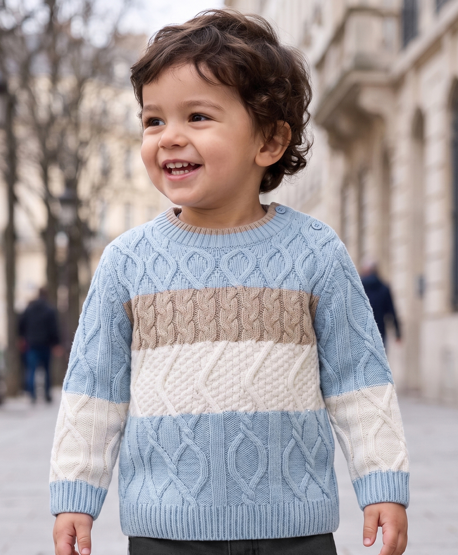 Babyoye Interlock Knit Full Sleeves Solid Colour Pullover with Cable Knit Design - Blue Beige & White-picture-20