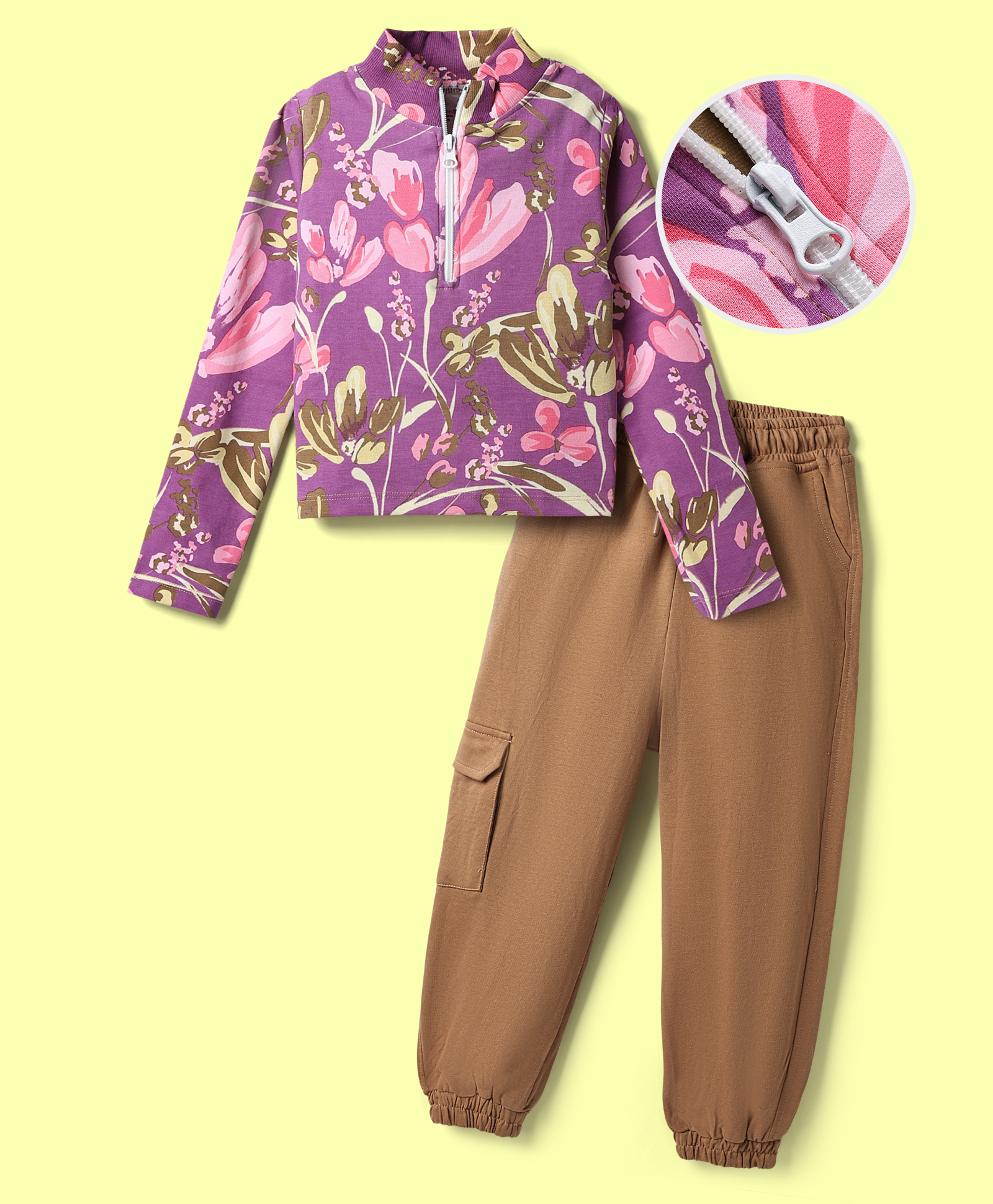 OLLINGTON ST. Cotton Knit Full Sleeves Floral Printed Top & Joggers Sets - Purple & Brown-image-23