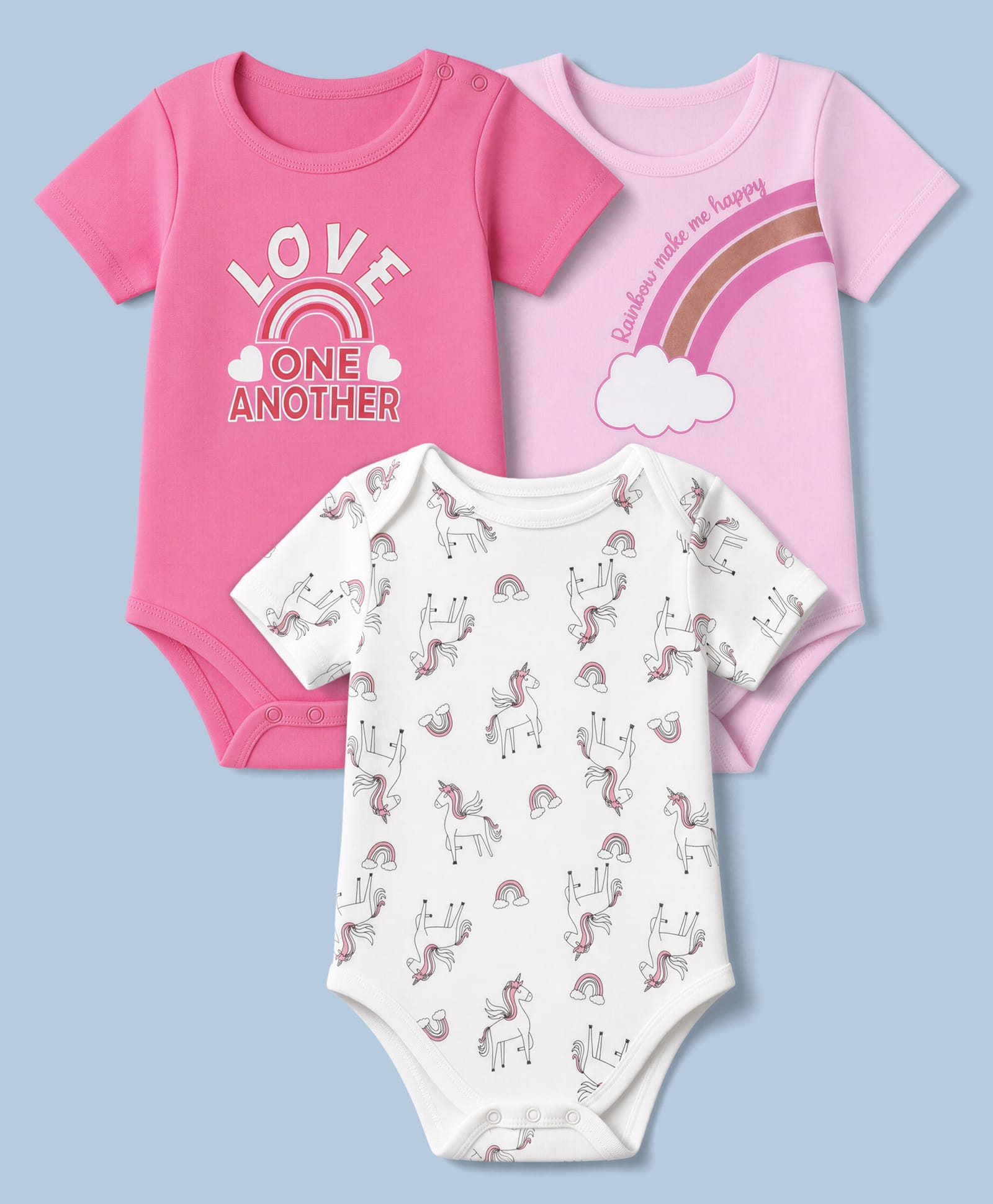 Doodle Poodle 100% Cotton Interlock Knit Half Sleeves Onesies With Unicorn, Rainbow & Text Print Pack of 3 - White, Pink & Dark Pink-image-39