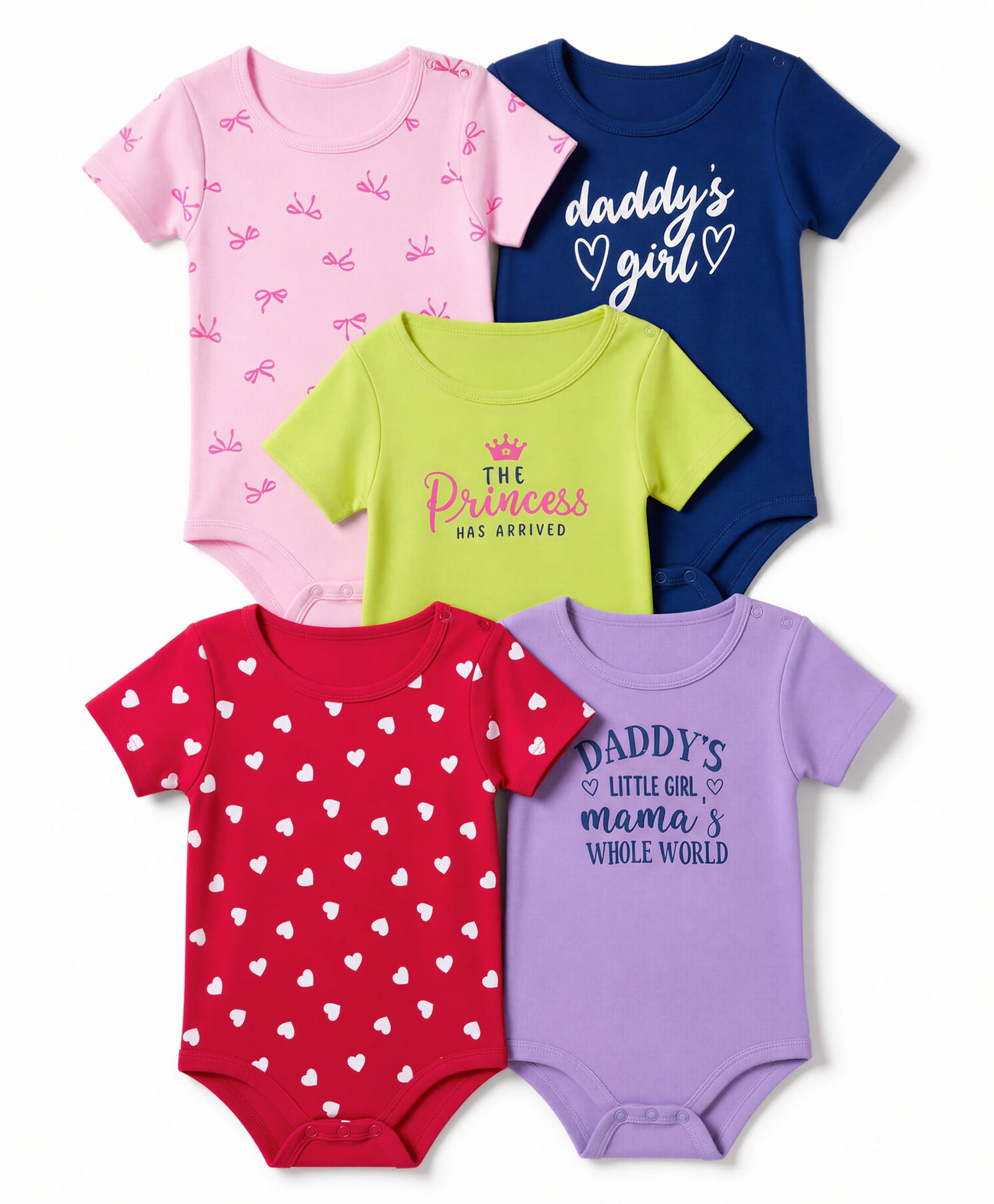 Doodle Poodle 100% Cotton Knit Half Sleeves Hearts Text & Bow Printed Onesies Pack Of 5 - Red Purple & Pink-picture-30