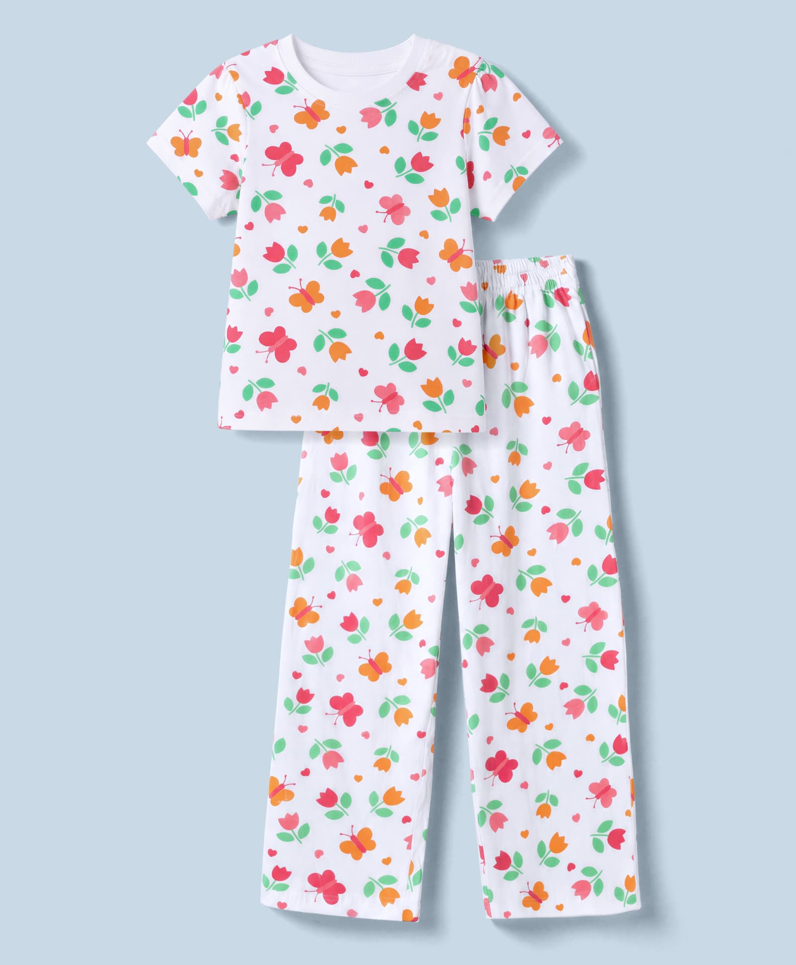 Pine Kids Cotton Knit Half Sleeves Co-Ords T-Shirt & Pyjama Night Suit with Butterfly & Floral Print - White-picture-21