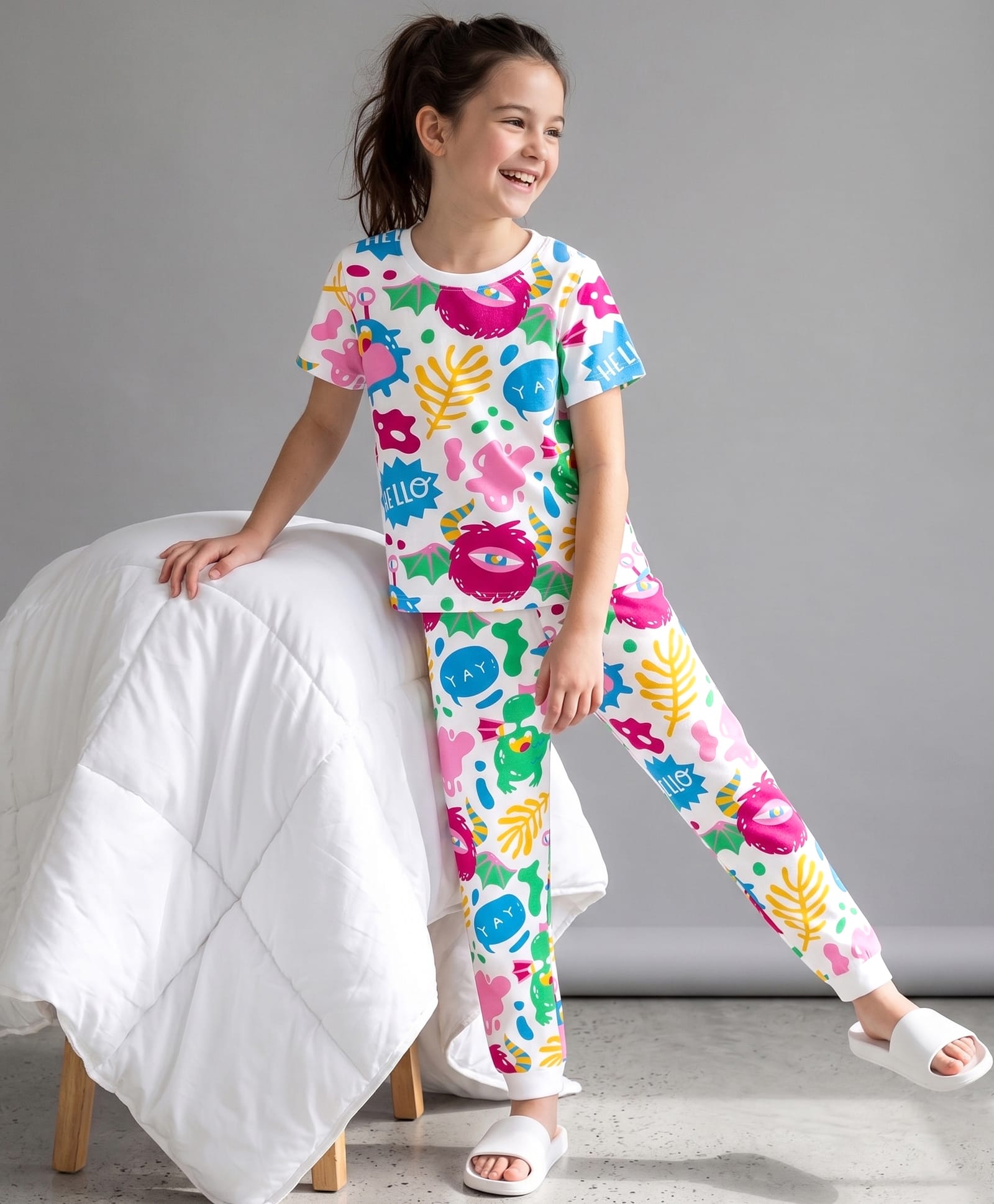 Pine Kids Cotton Knit Half Sleeves T-Shirt & Pyjama Night Suit Co-ords With Text Print - White-image-46