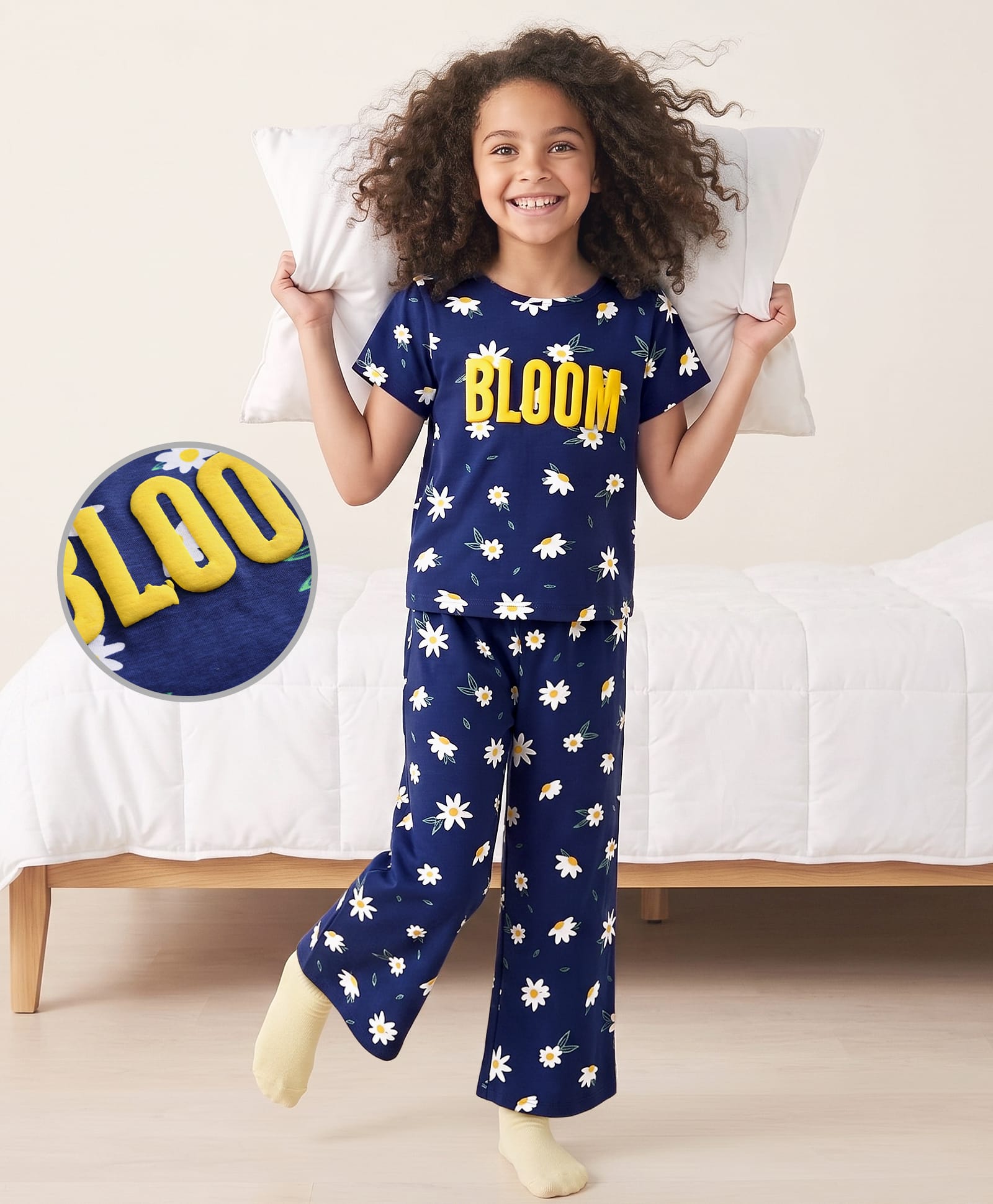 Pine Kids Cotton Knit Half Sleeves Top & Pyjama Night Suit With Floral Print - Navy Blue-image-38