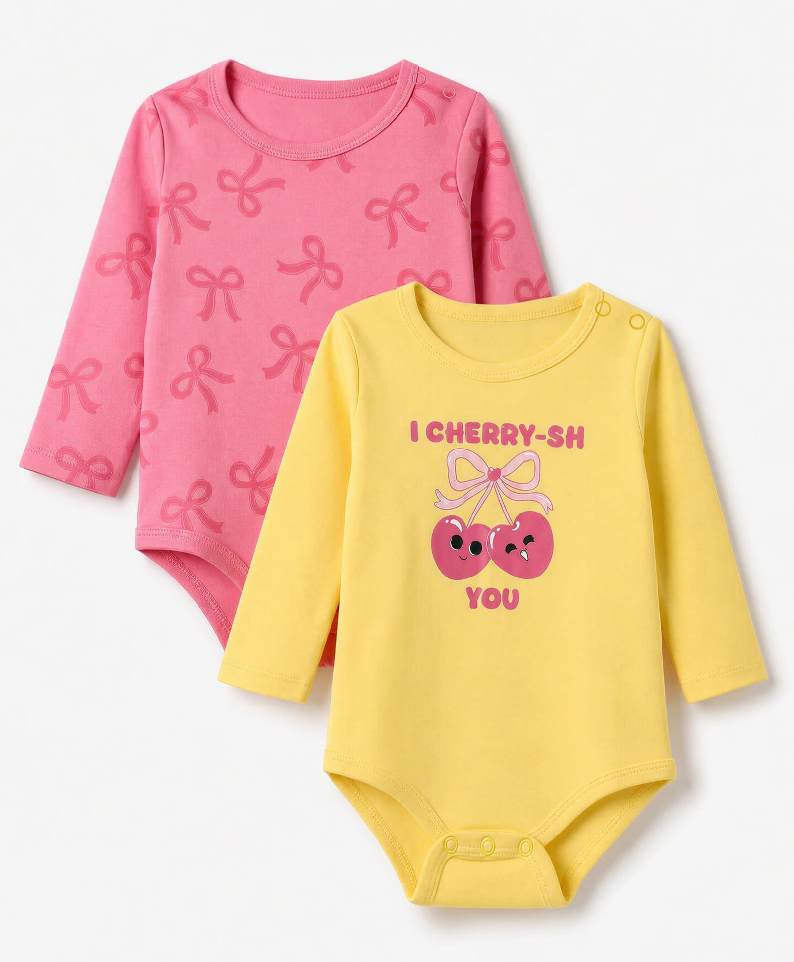 Doodle Poodle 100% Cotton Interlock Knit Full Sleeves Onesies With Bow & Cherry Print Pack of 2 - Yellow & Pink-picture-1
