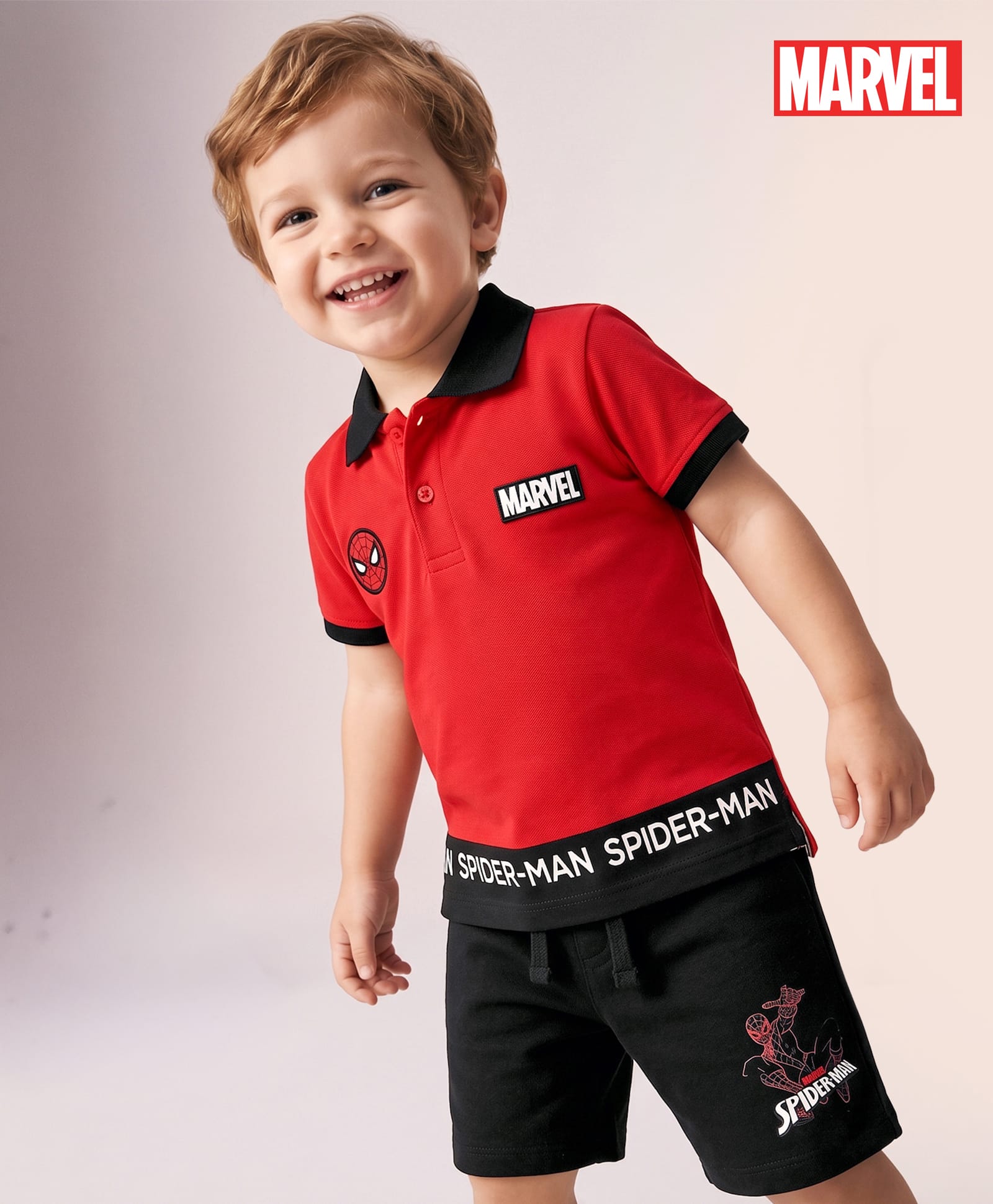 Babyhug Marvel Cotton Knit Half Sleeves Pique Collar T-Shirt & Shorts Set with Spiderman Graphic- Red & Black-image-22