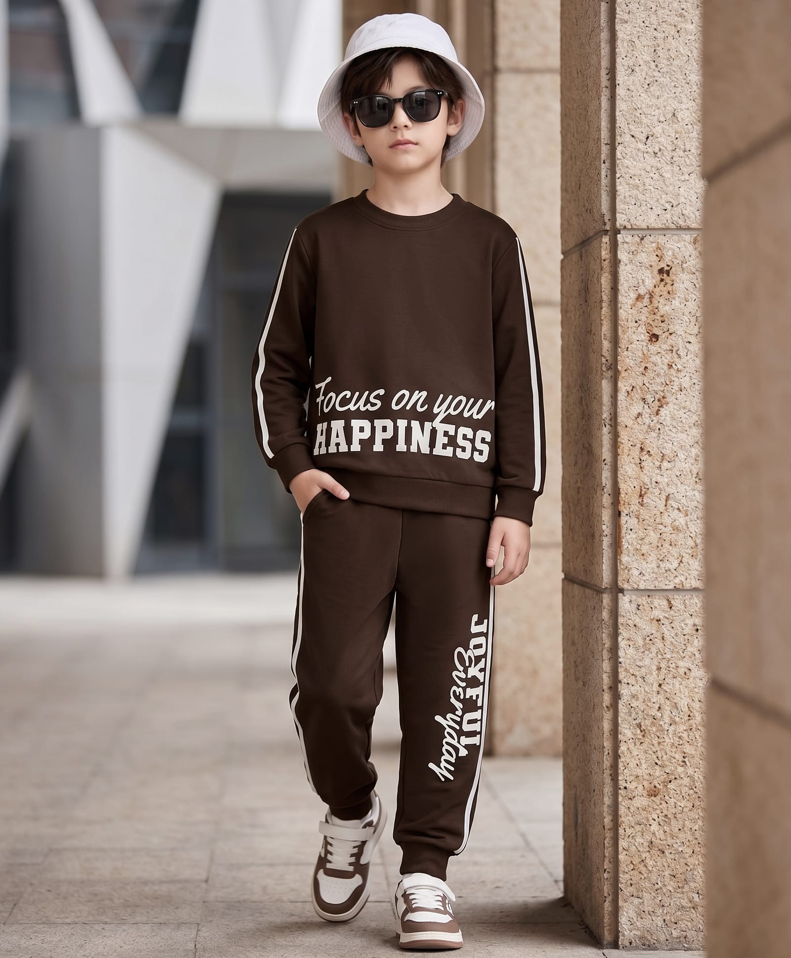 OLLINGTON ST. Looper Knit Full Sleeve Winter Wear Sweatshirt & Joggers Set with Text Print - Brown-image-24