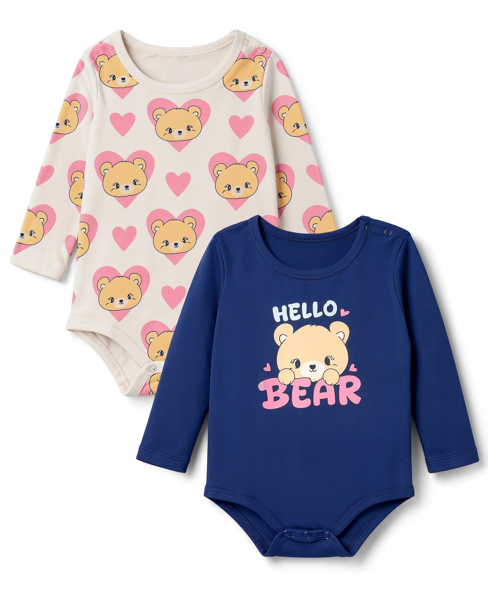 Doodle Poodle 100% Cotton Knit Full Sleeves Bear & Hearts Printed Onesies Pack Of 2 - Navy Blue & Cream-picture-14
