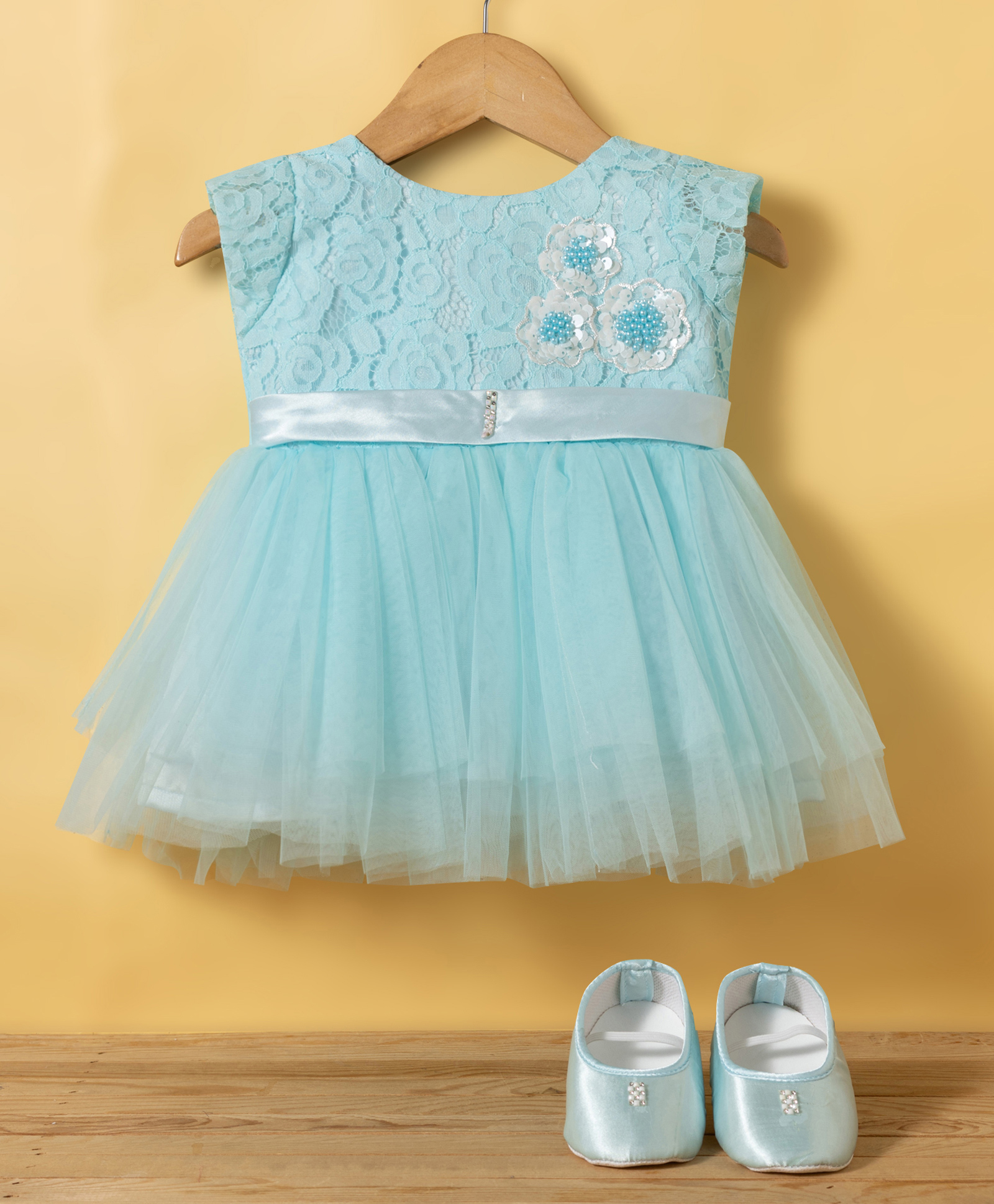 Bluebell Net Woven Sleeveless Party Dress with Floral Applique & Booties - Blue-image-19