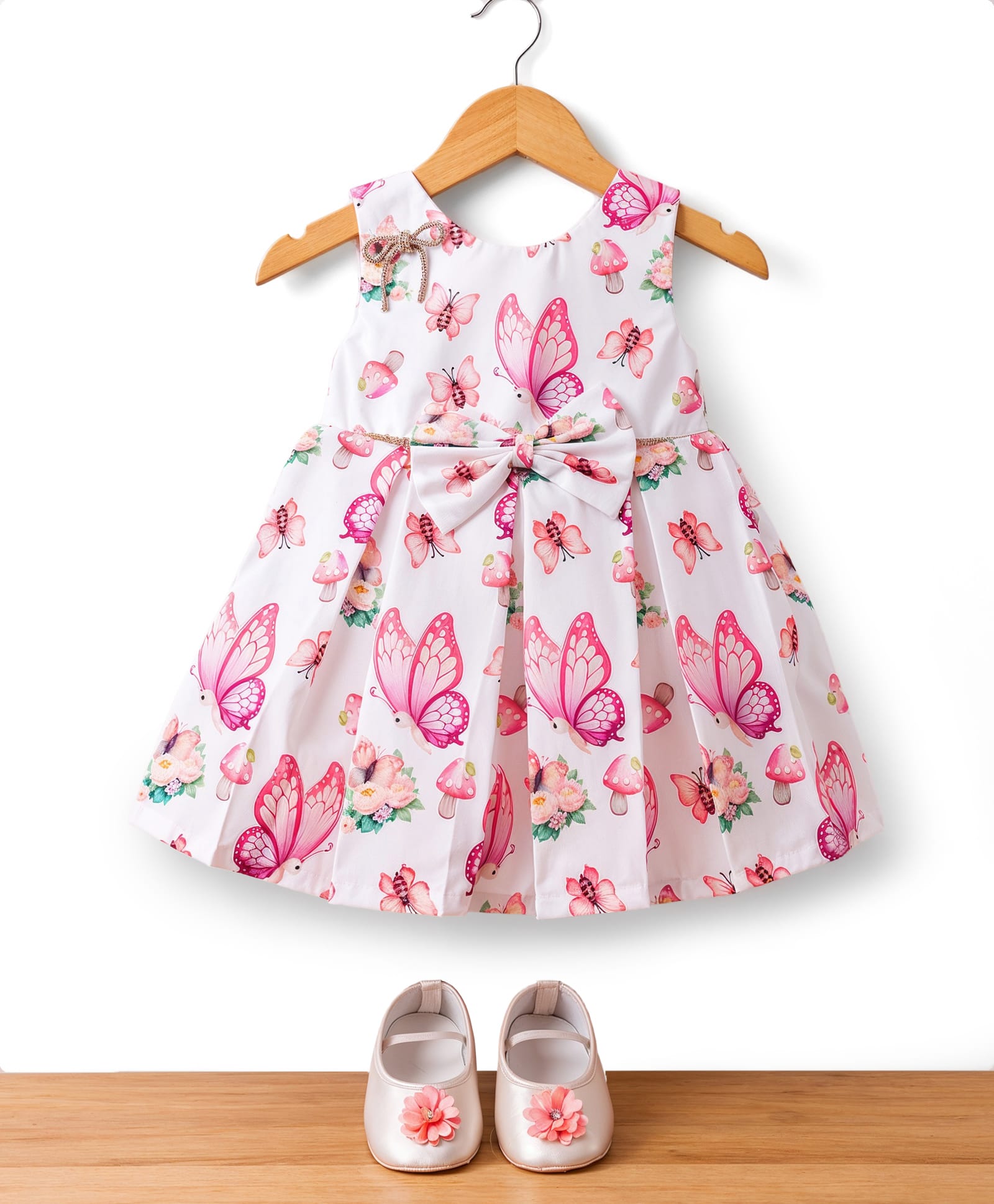 Bluebell Satin Woven Sleeveless Butterfly Printed Pleated Party Dress With Bow & Booties - Pink-image-48