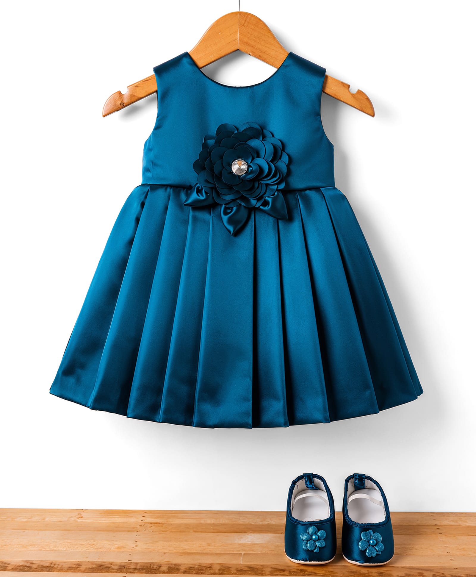 Bluebell Satin Sleeveless Pleated Party Dress with Floral Applique and Booties - Royal Blue-image-21