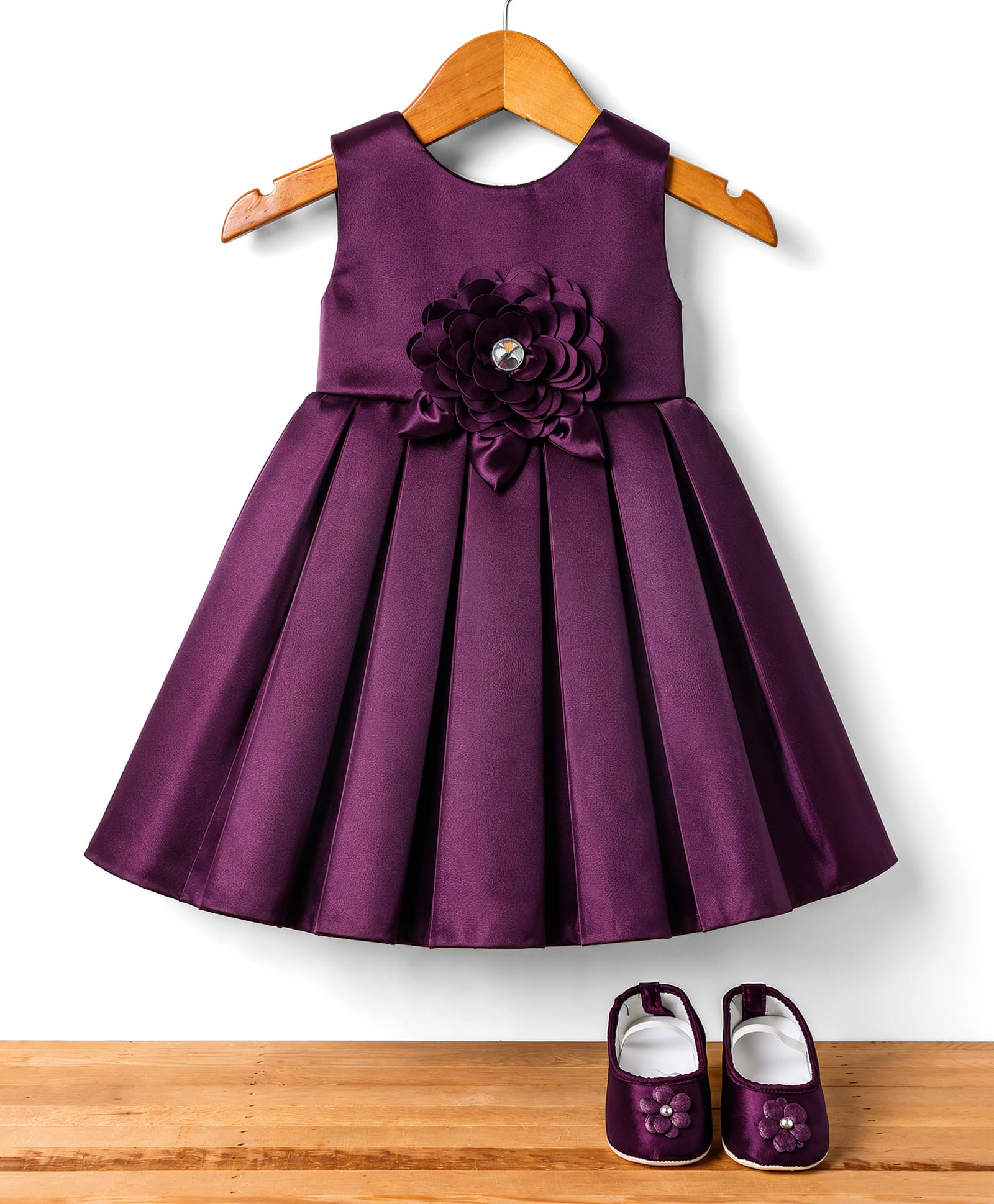 Bluebell Satin Sleeveless Pleated Party Dress with Floral Applique and Booties - Wine-image-34