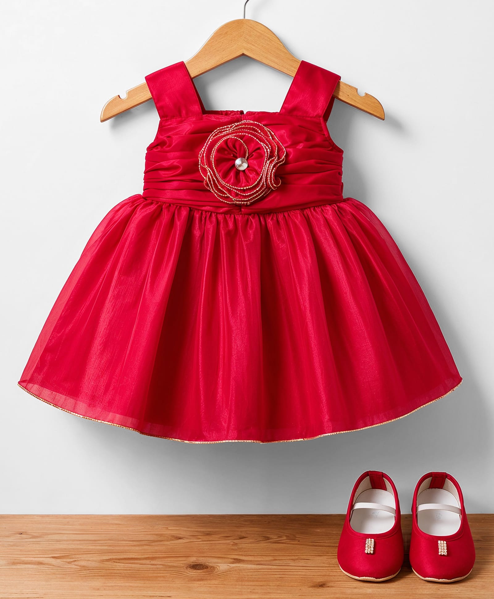 Bluebell Tissue Woven Sleeveless Party Dress with Floral Applique & Booties - Red-image-46