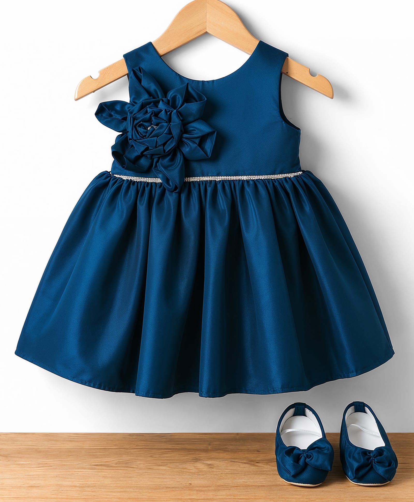 Bluebell Satin Woven Sleeveless Party Dress with Floral Applique & Booties - Teal Blue-image-41
