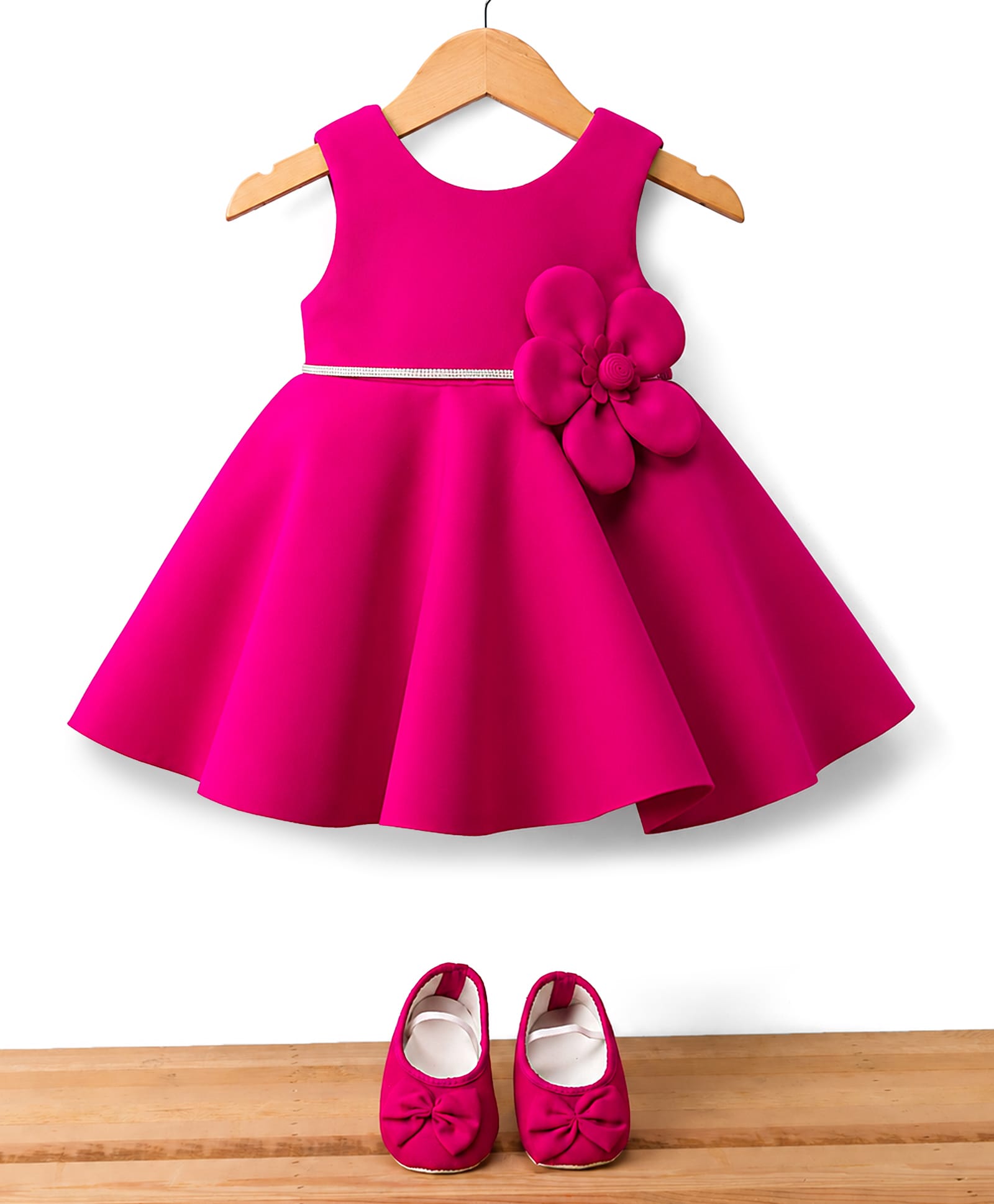 Bluebell Satin Woven Sleeveless Fit & Flare Solid Colour Party Dress with Floral Applique & Booties - Dark Pink-image-41
