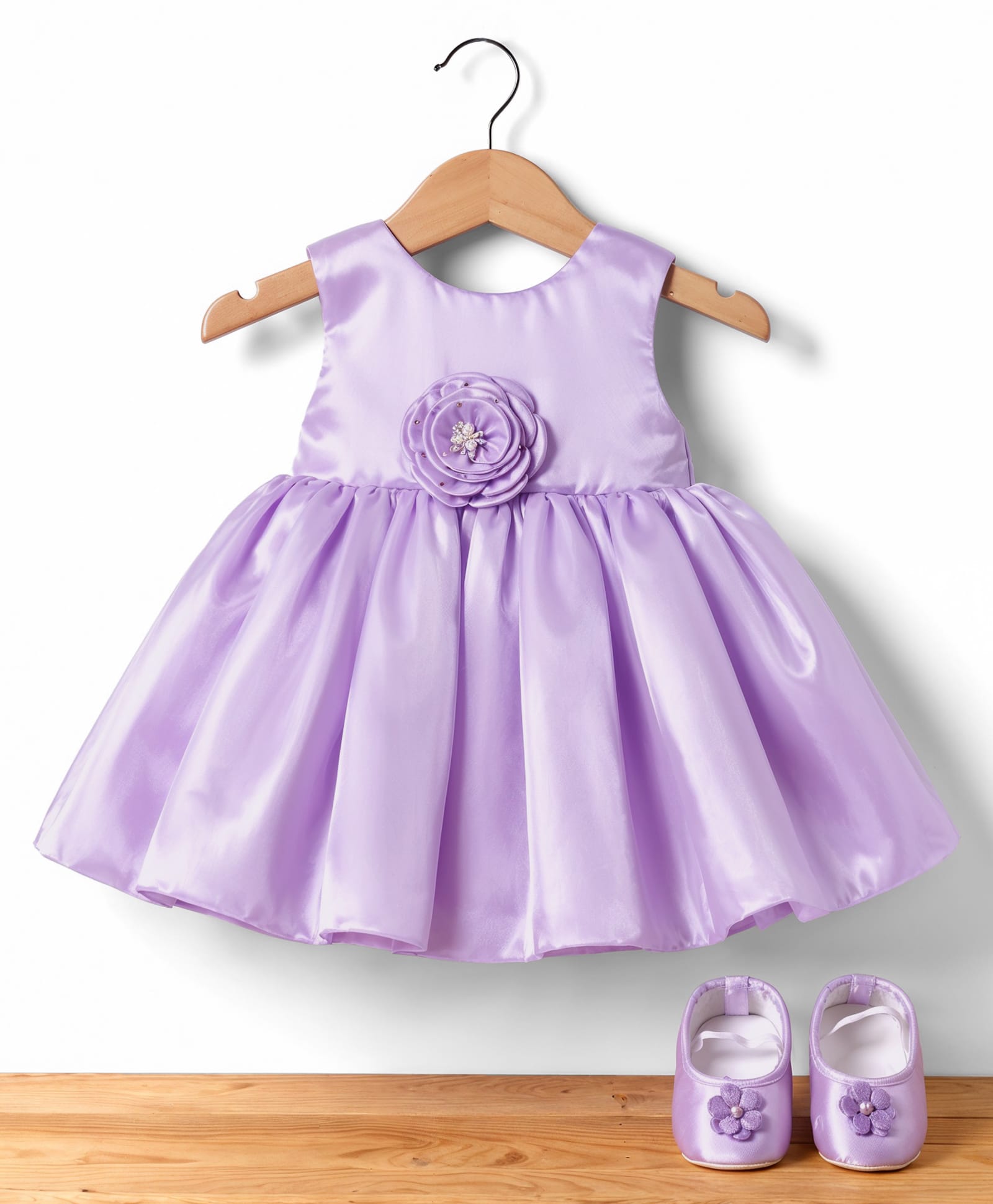 Bluebell Satin Woven Sleeveless Party Dress with Floral Applique & Booties - Purple-image-4