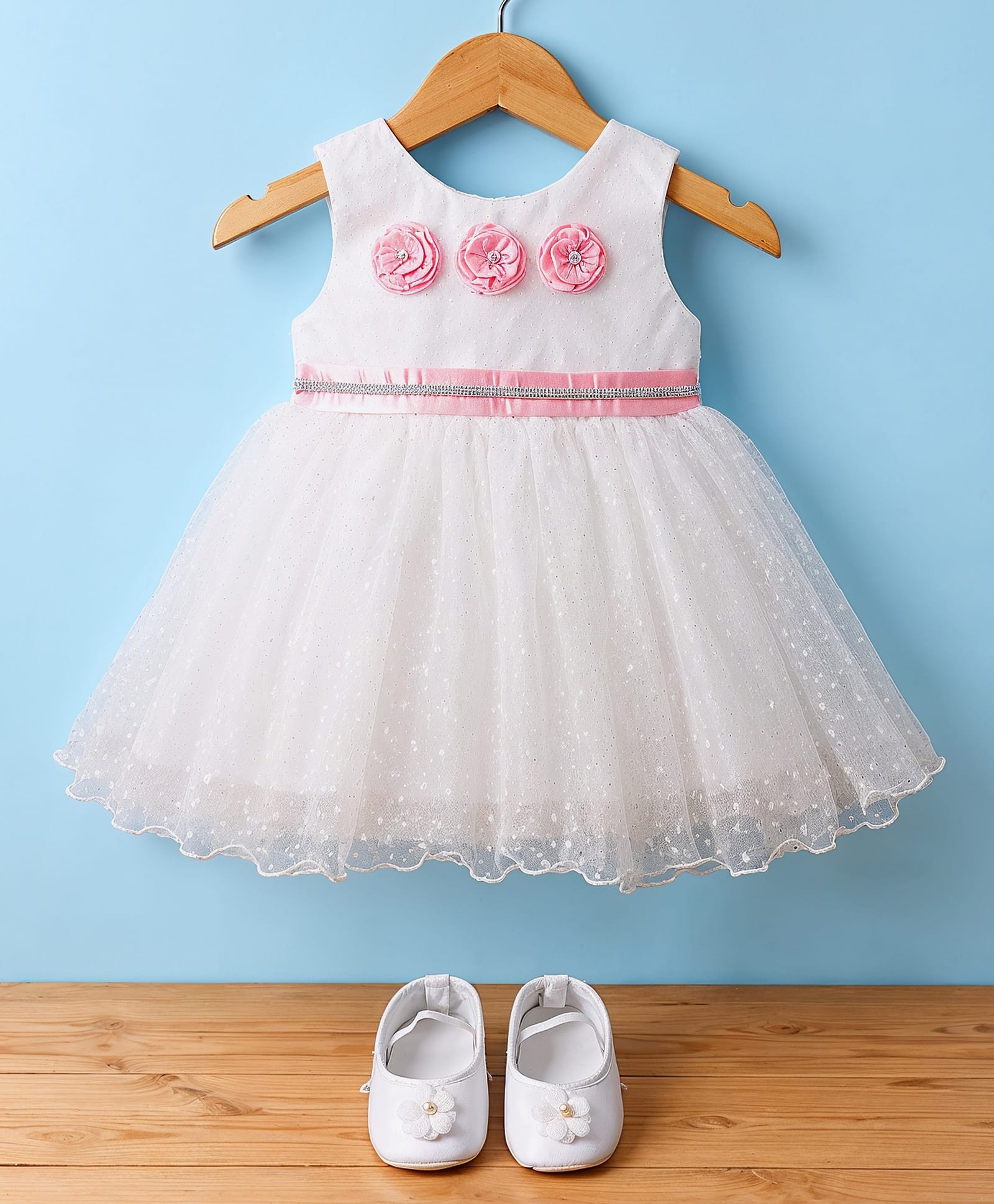 Bluebell Satin Woven Sleeves Party Dress With Floral Applique & Booties - OffWhite-image-46