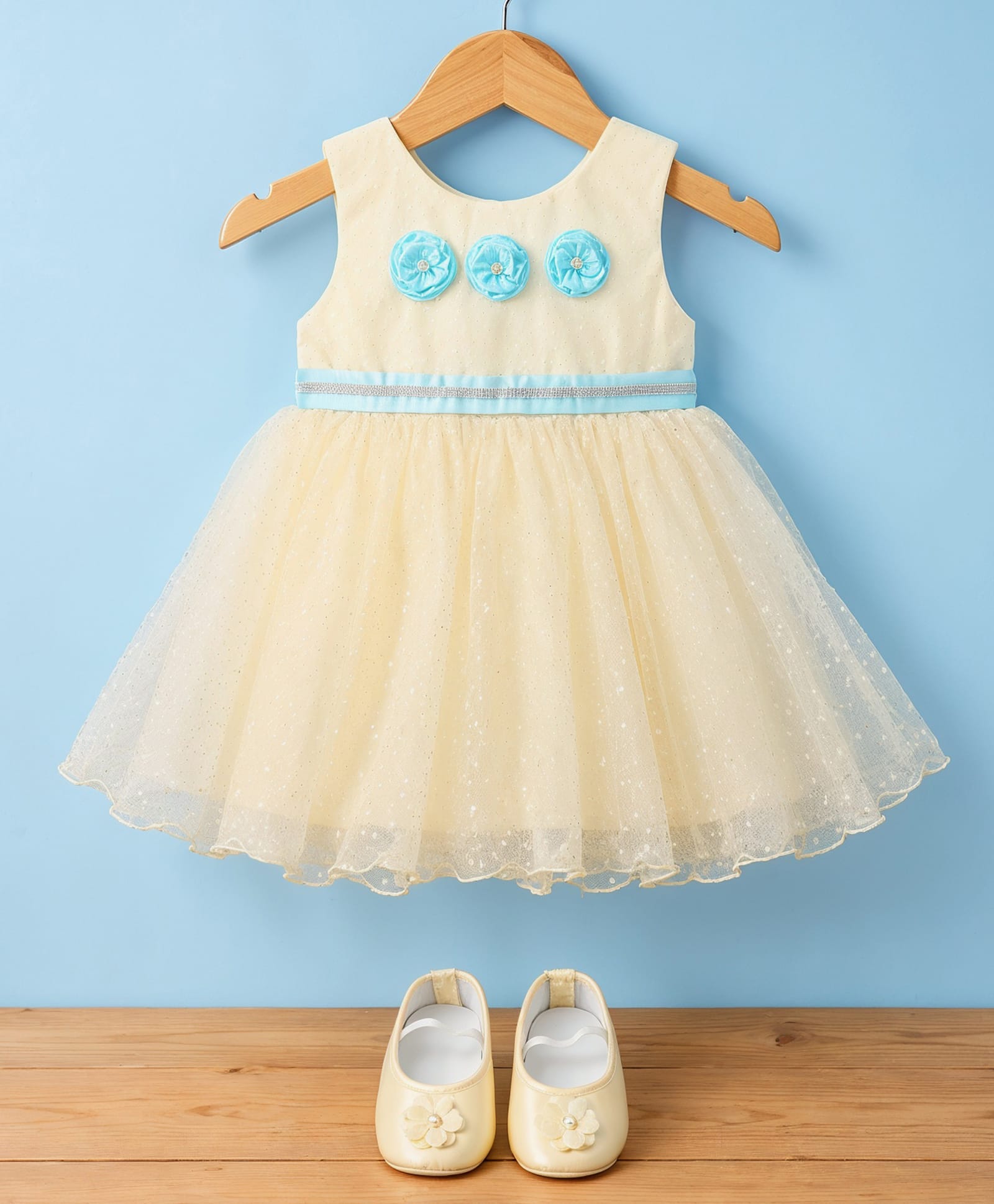 Bluebell Net Woven Half Sleeves Party Dress With Floral Applique & Booties - Lemon-image-35