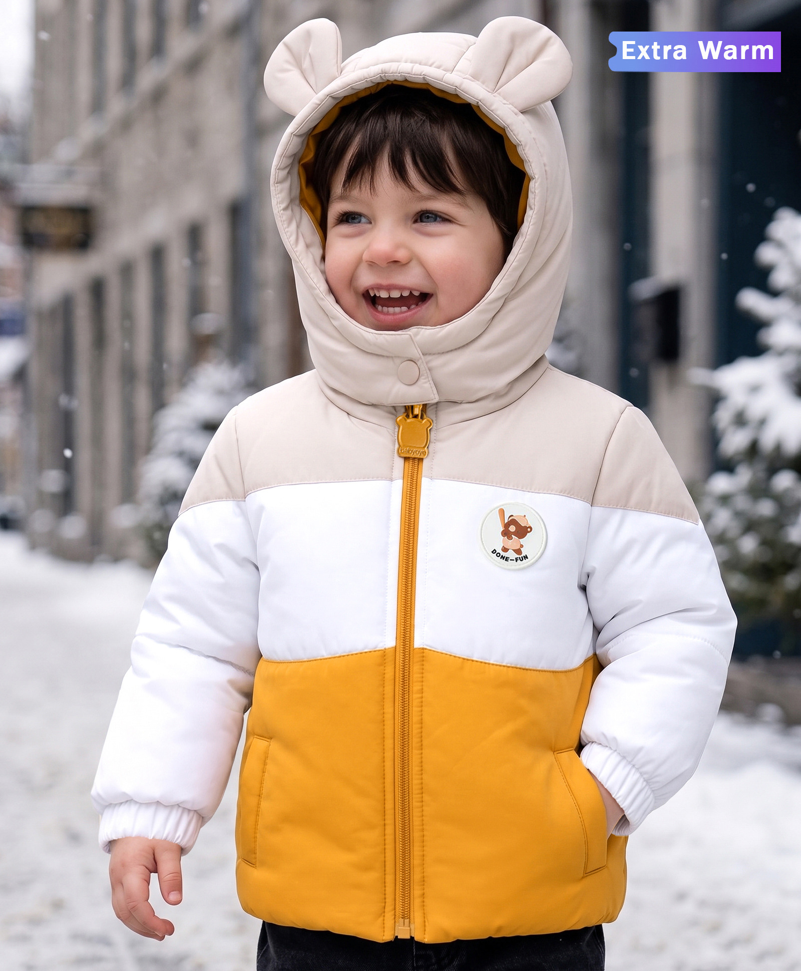 Babyoye Interlock Woven Full Sleeves Hooded Padded Jacket with Colour Block & Bear Badge- Beige White & Mustard-image-7
