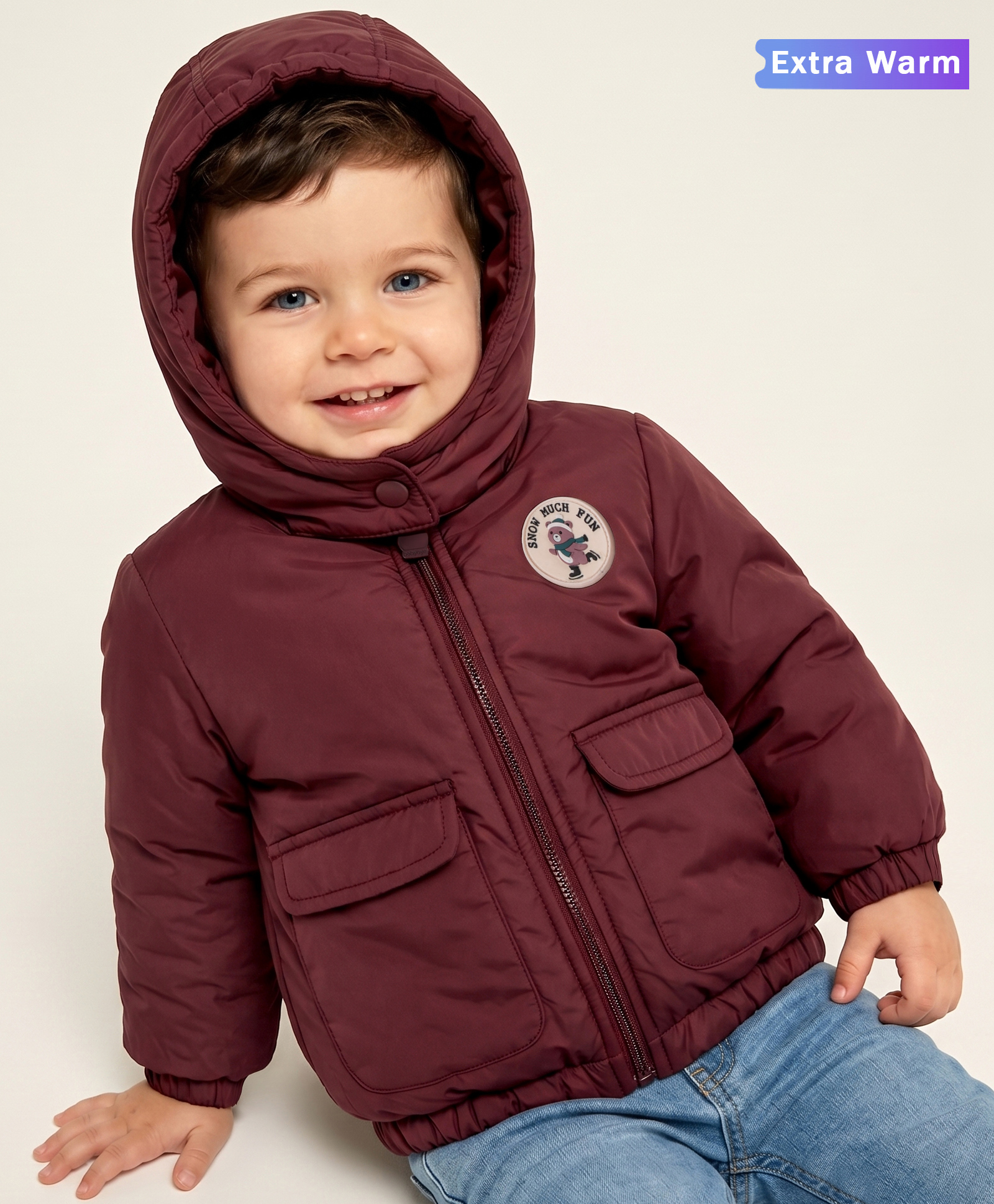 Babyoye Interlock Woven Full Sleeves Hooded Padded Solid Colour Jacket with Bear Badge- Maroon-picture-28