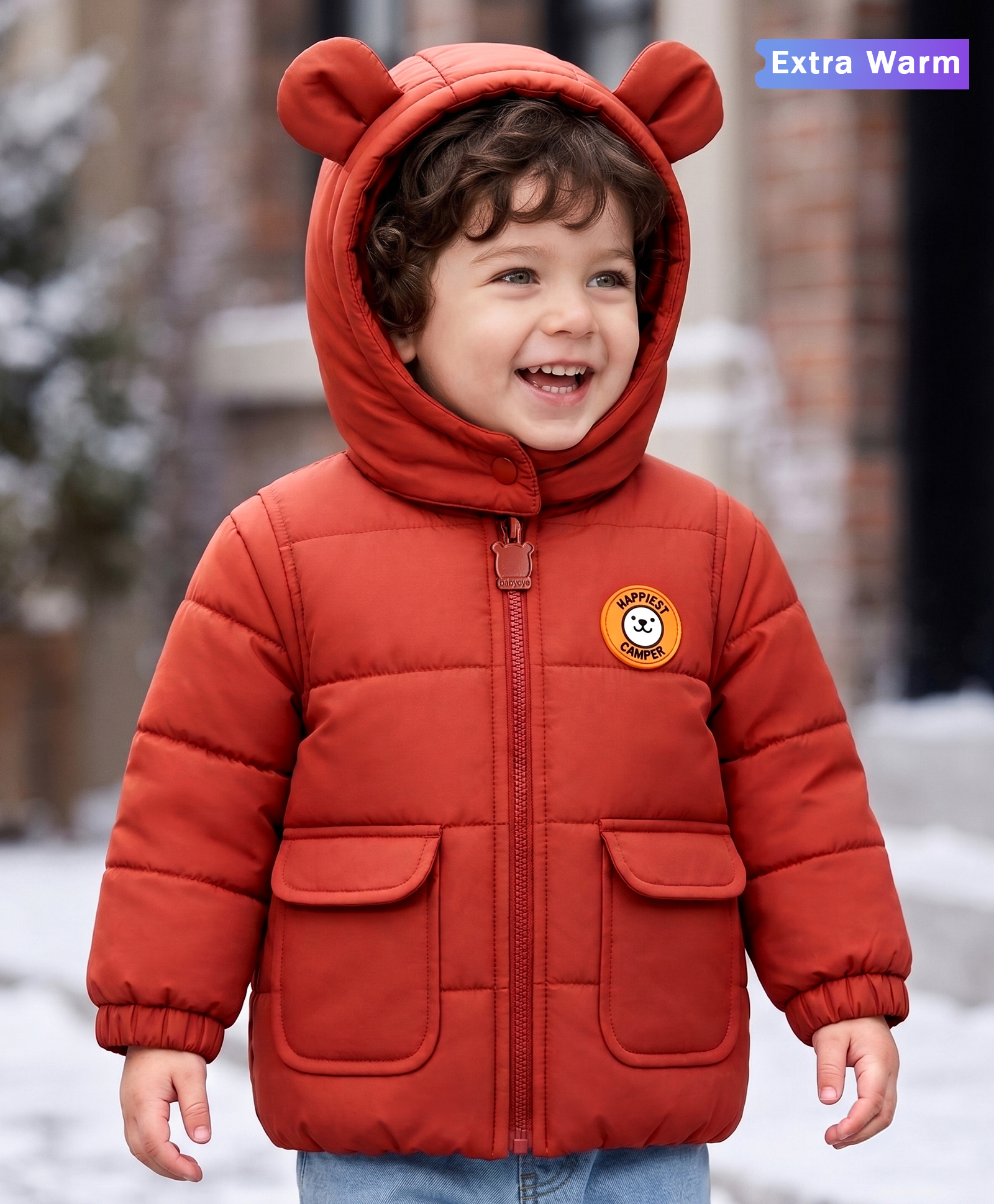Babyoye Interlock Woven Full Sleeves Hooded Padded Solid Colour Jacket with Ear Applique & Bear Badge - Rust Orange-image-32