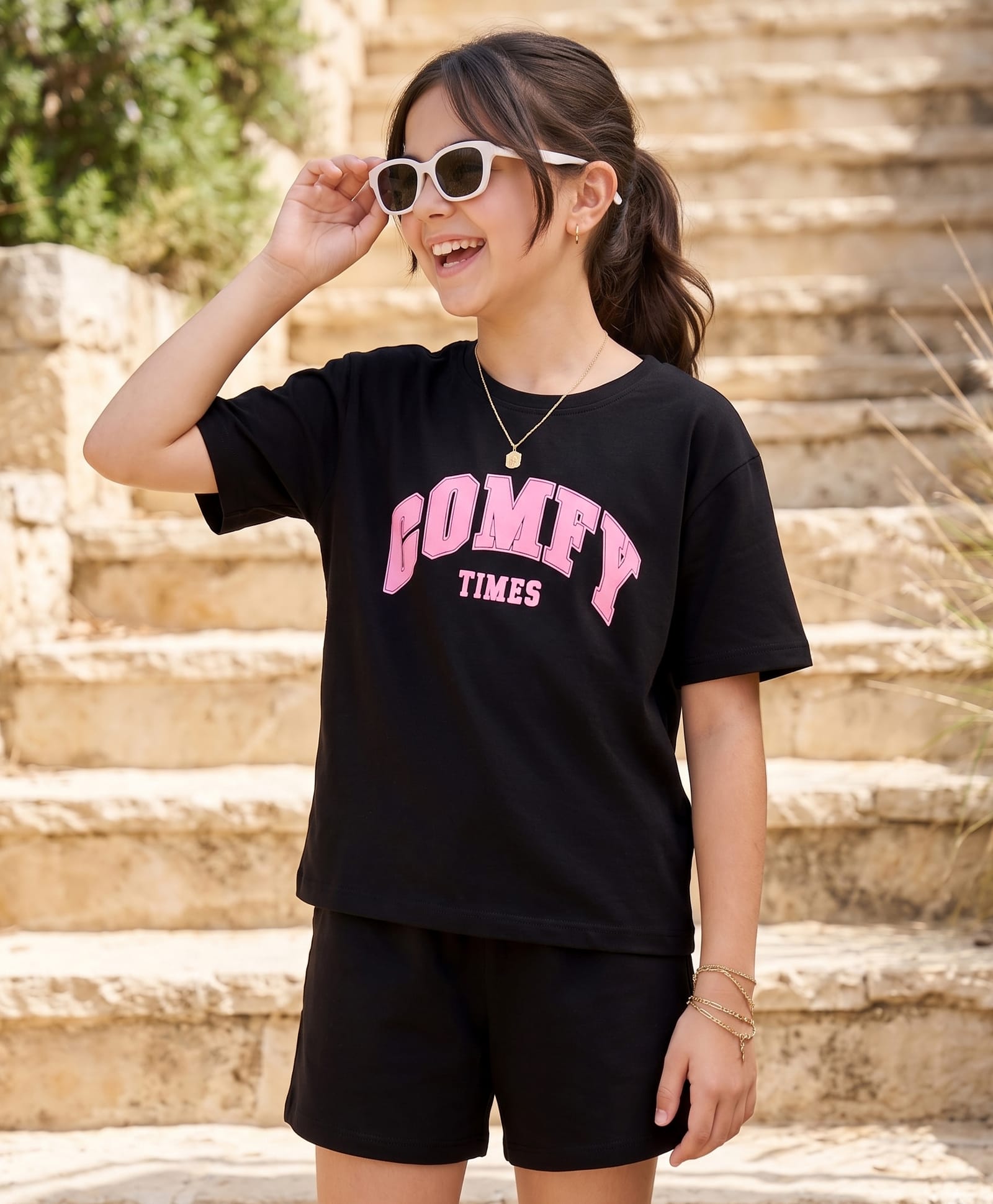 Pine Kids Cotton Knit Half Sleeves T-Shirt Shorts Night Suit with Text Print - Black-image-40