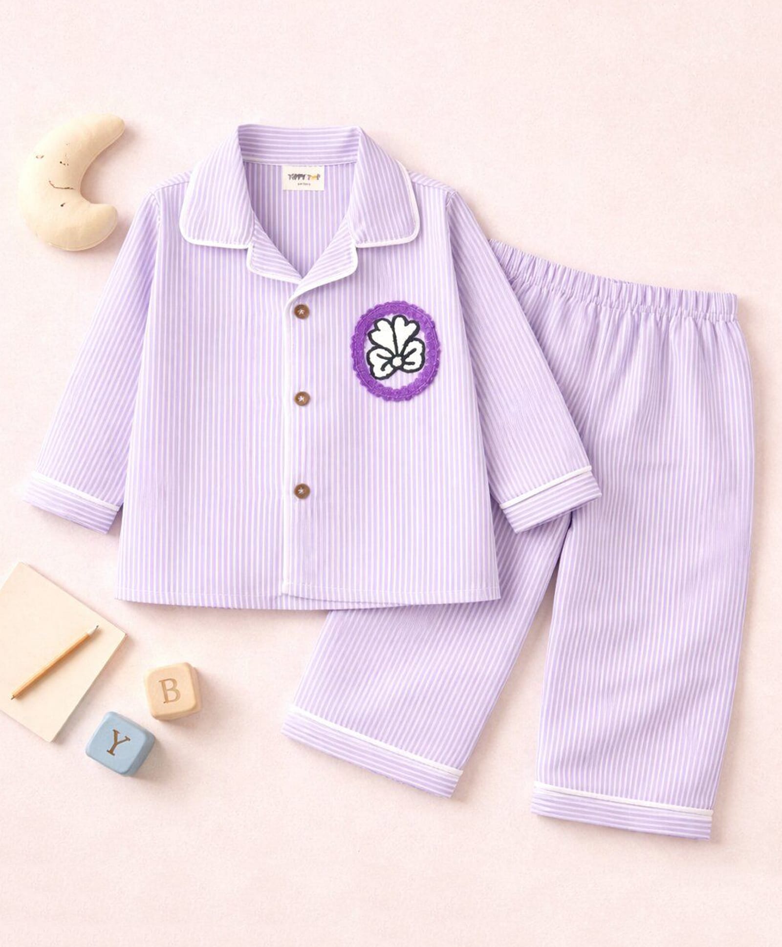 TIPPY TOP Cotton Woven Full Sleeves Bow Applique Detailed & Striped Coordinating Shirt & Pajama Night Suit - Lavender-image-5
