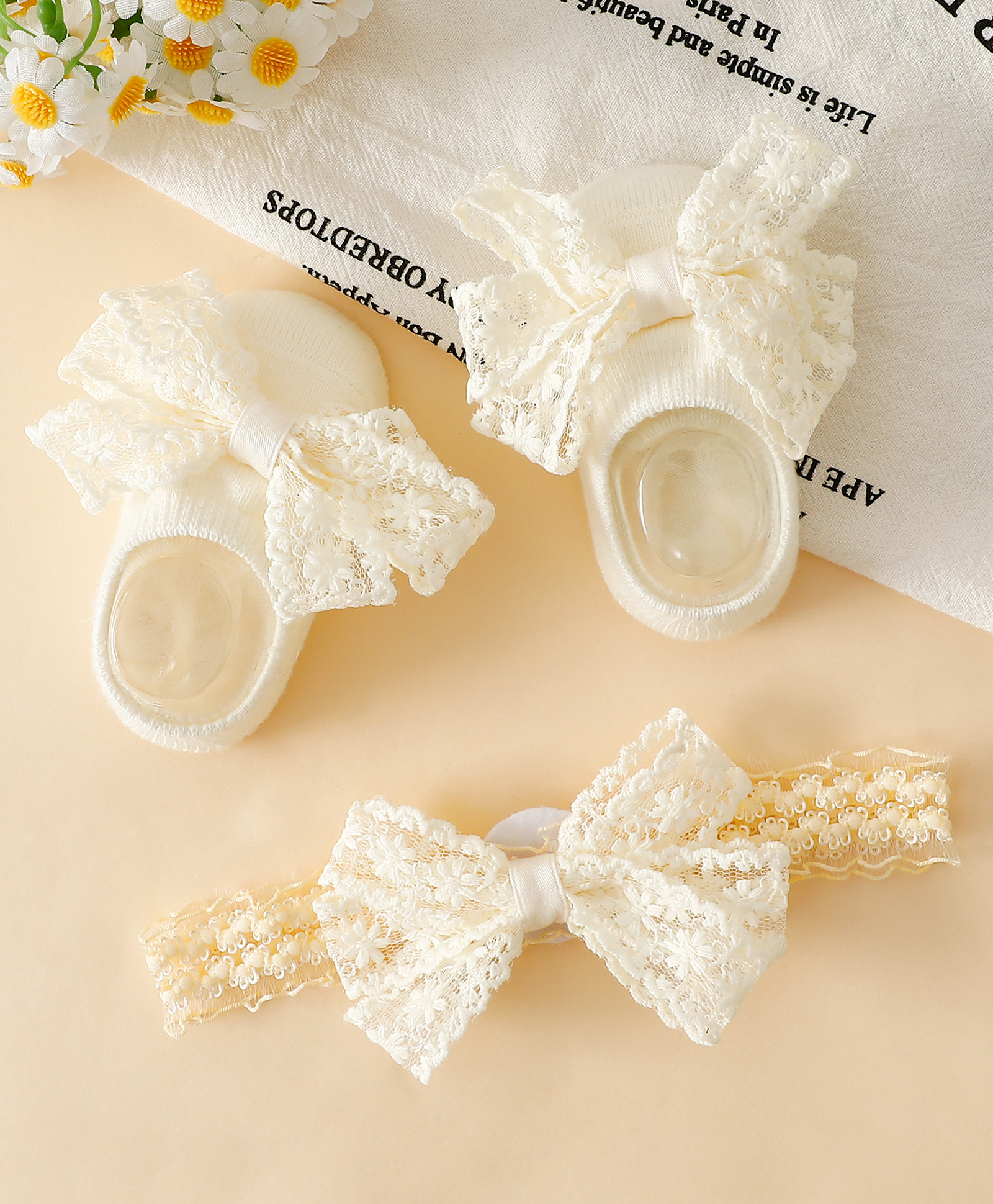 Bonfino Kids Lace Bow Socks & Matching Headband Combo Set - Off White-picture-45