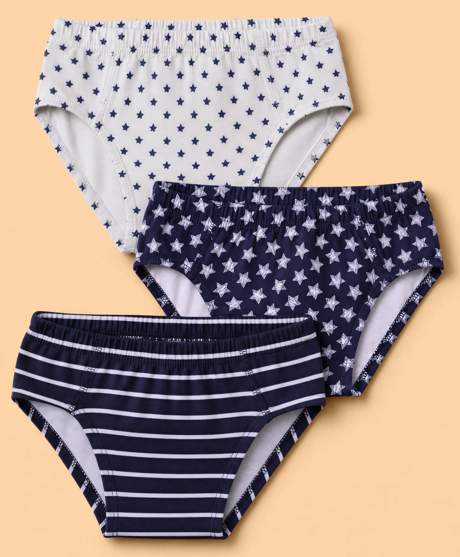 Honeyhap Premium 95% Cotton 5% Spandex Knit Striped & Star Printed Briefs With Bio Finish Pack of 3 - Peacoat/Whitemelange-picture-15