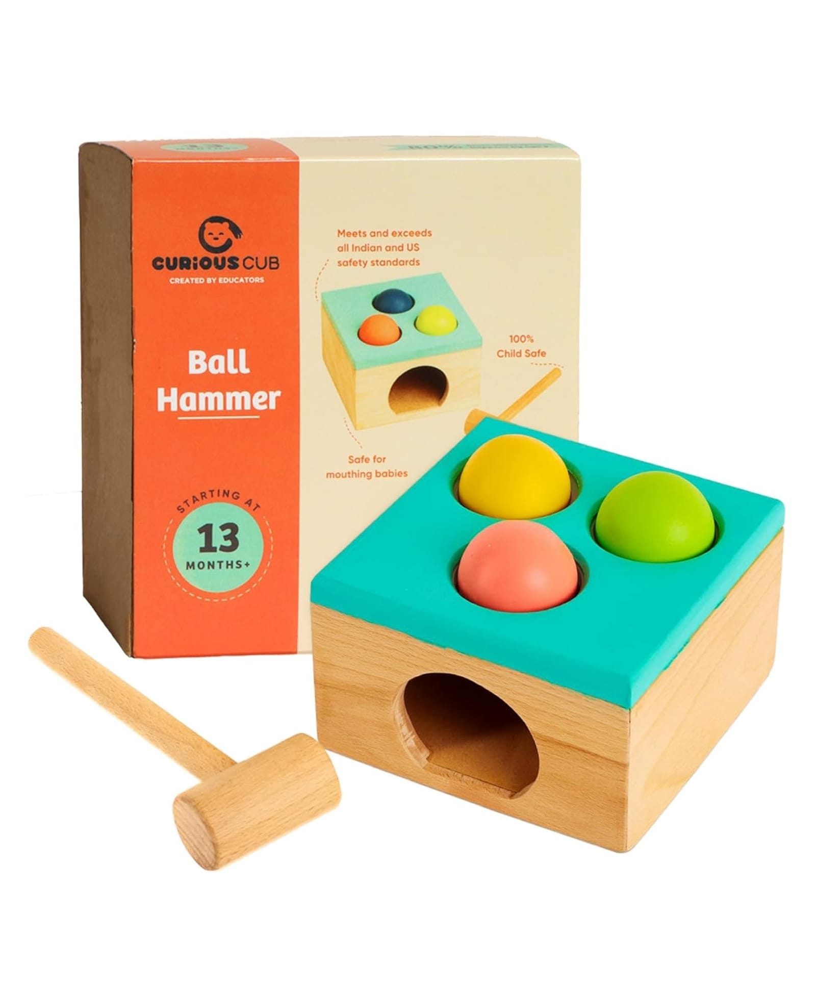 Curious Cub Wooden Hammer Ball Knock Toy, Montessori Learning Game with 3 Colorful Balls - Multicolor-image-32