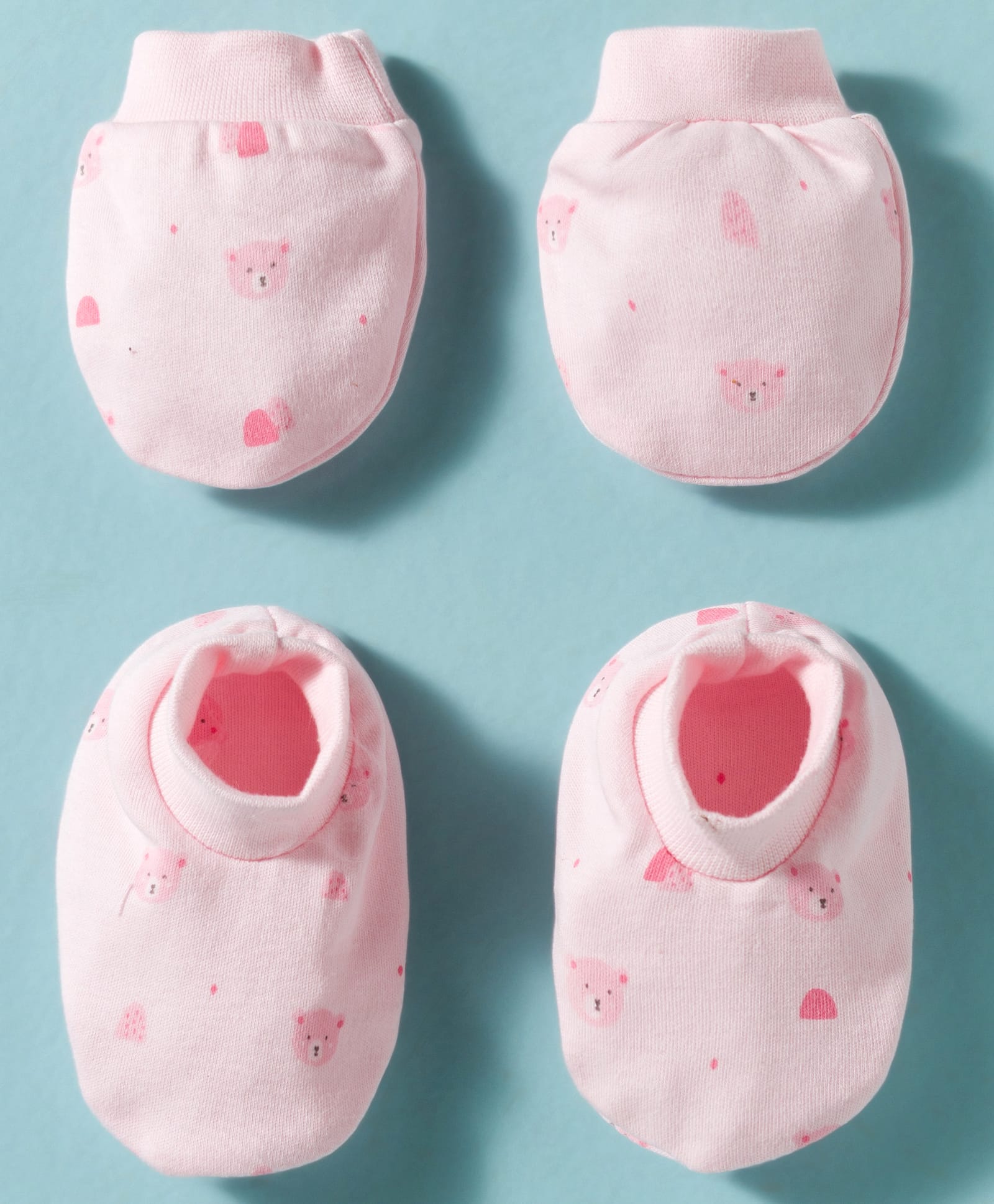 Simply Interlock Knit Mittens & Booties with Teddy Print - Baby Pink-image-48