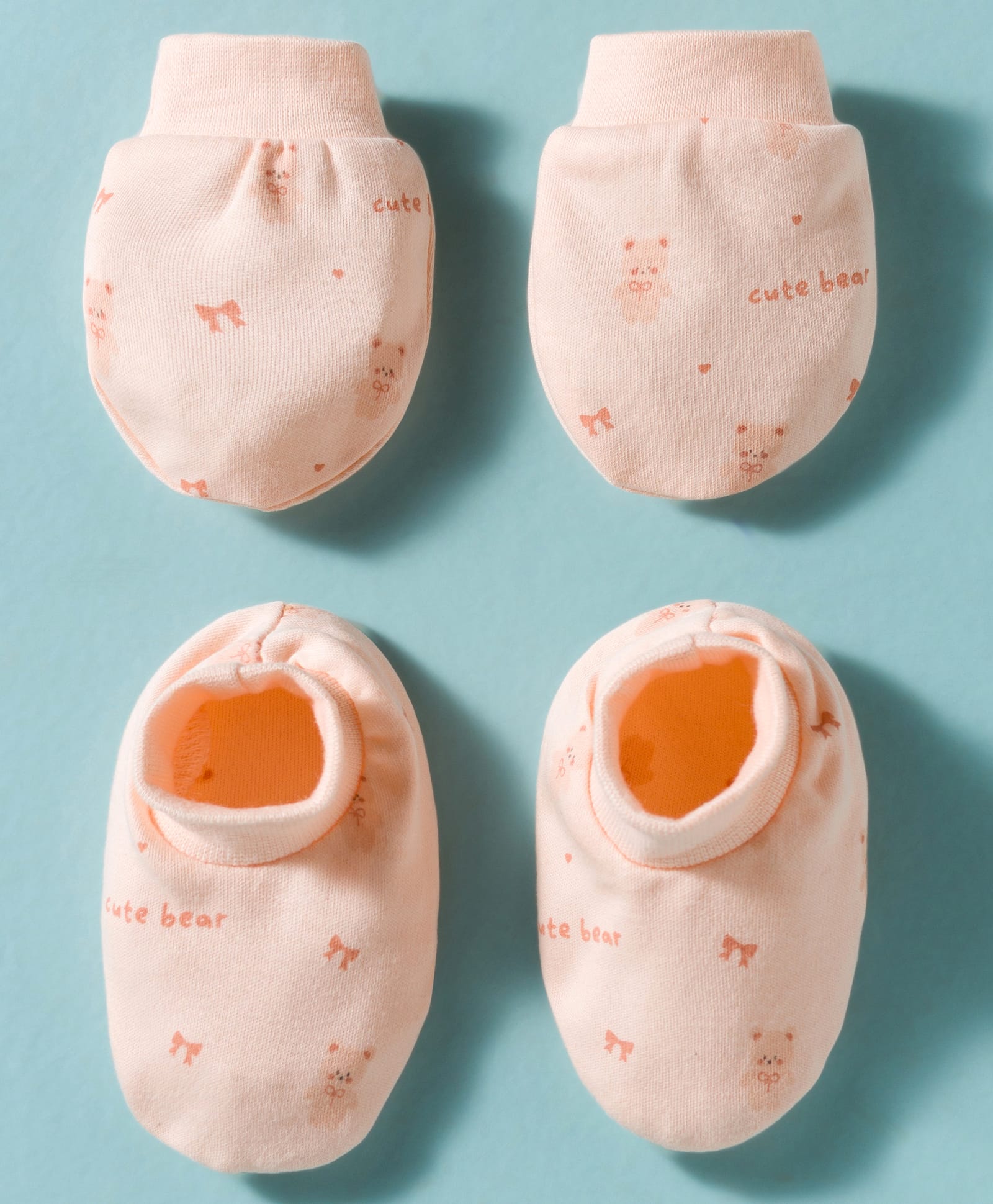 Simply Interlock Knit Mittens & Booties with Teddy Print - Peach-image-47