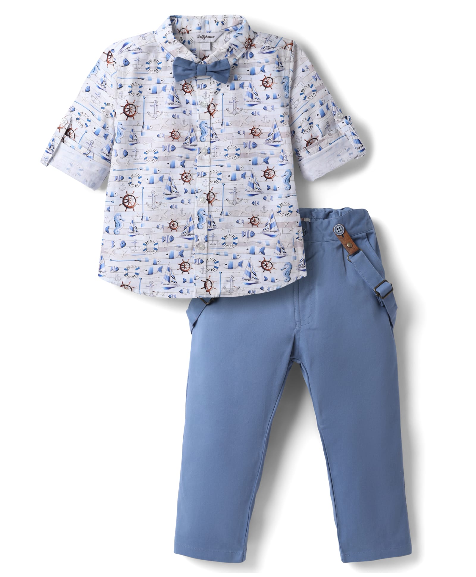 ToffyHouse Poplin Knit Full Sleeves Sea Life & Nautical Theme Printed Shirt & Pant Set With Suspender & Bow - Navy Blue-picture-9