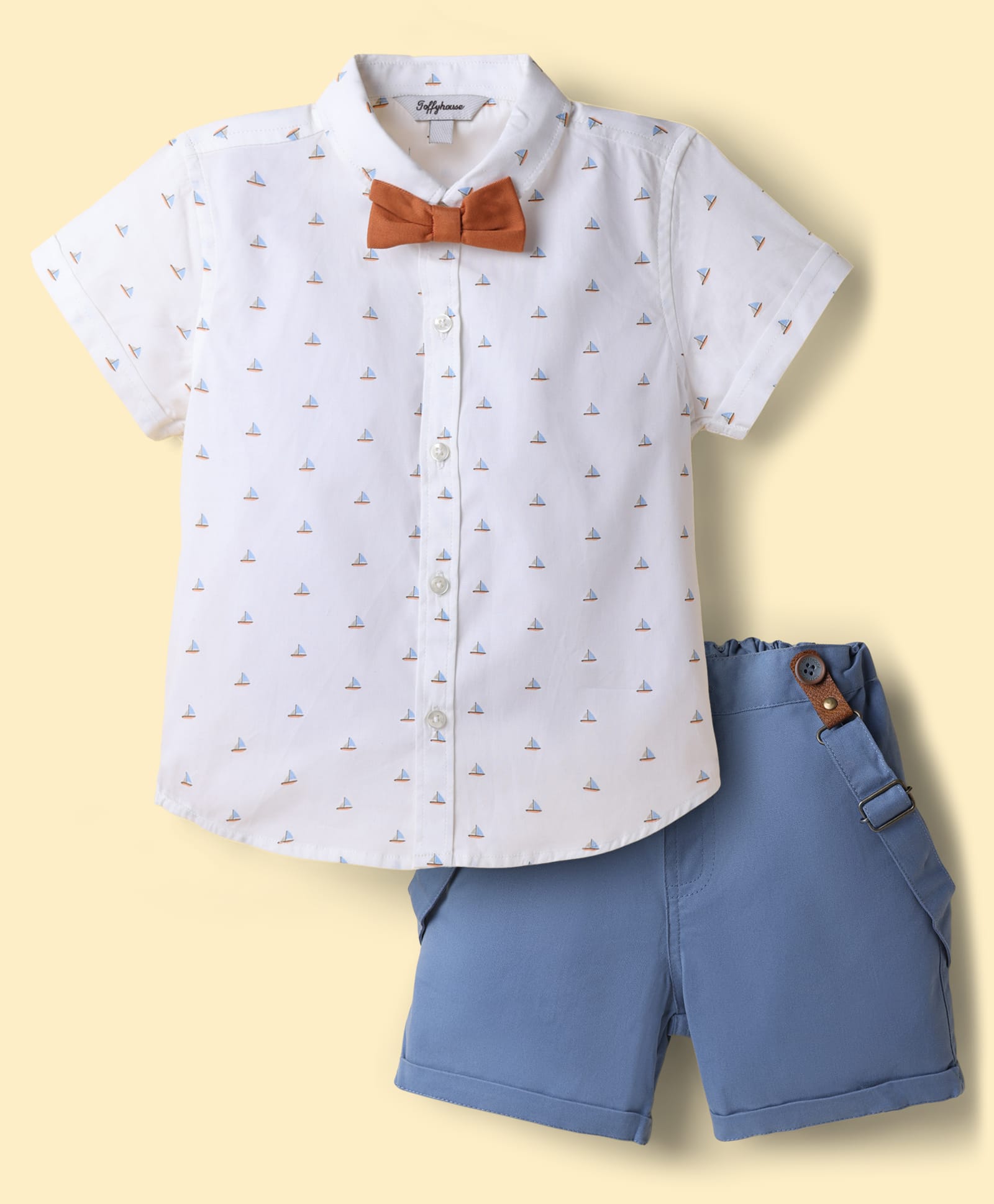 ToffyHouse Poplin Knit Half Sleeves Nautical Theme Printed Shirt & Shorts With Suspender & Bow - Blue-picture-42