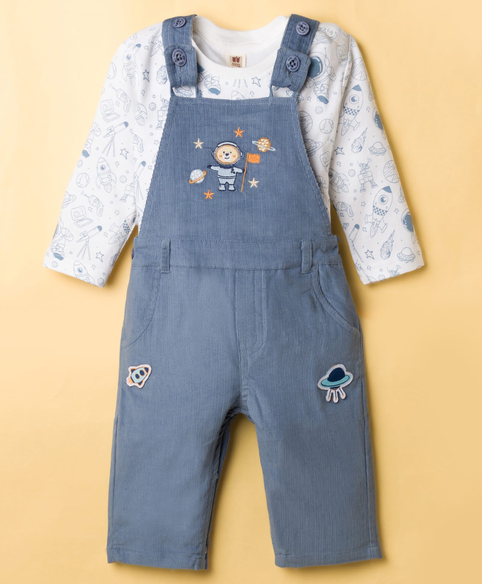 ToffyHouse Corduroy Woven Full Sleeves Space Theme Printed & Embroidered Dungaree Set - Navy Blue-picture-17