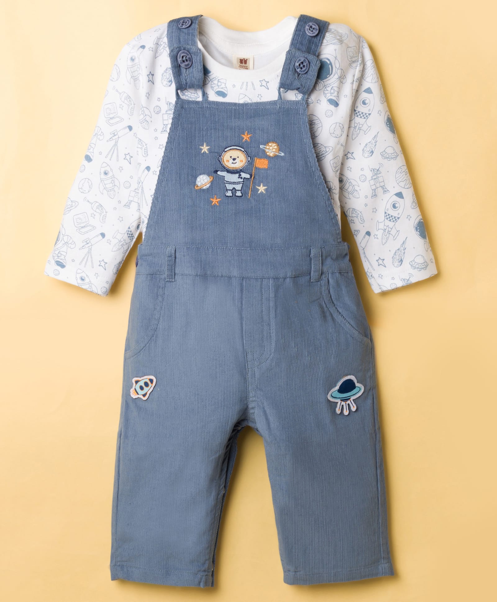 ToffyHouse Corduroy Woven Full Sleeves Space Theme Printed & Embroidered Dungaree Set - Navy Blue-image-2