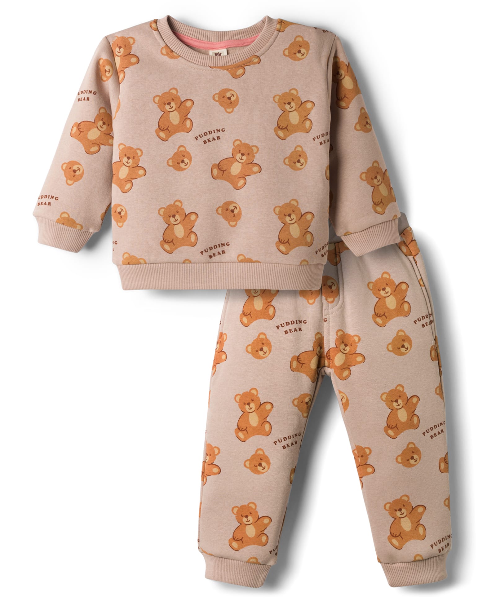 ToffyHouse Fleece Knit Full Sleeves Winter Wear T-Shirt & Lounge Pant Set Teddy Print - Brown-image-3