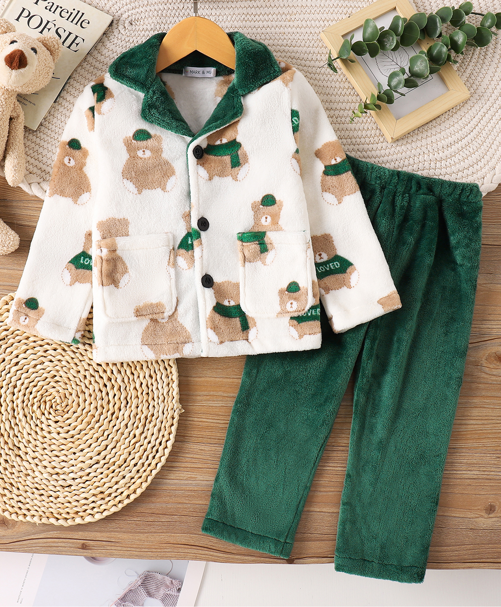 Mark & Mia Full Sleeves Bear Printed Shirt & Pyjama Winter Wear Night Suit - Green-image-43