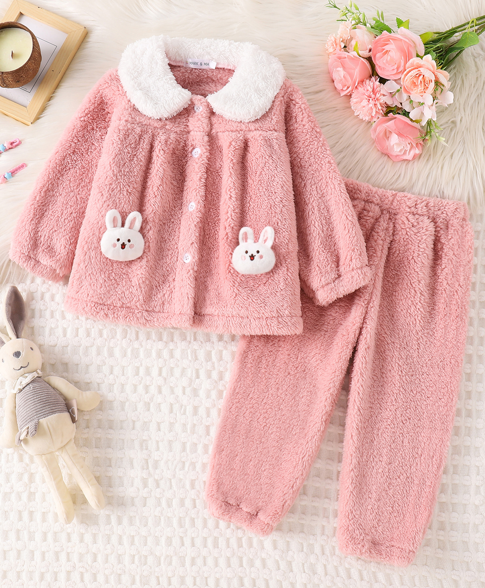 Mark & Mia Full Sleeves Top & Pyjama Winter Wear Night Suit With Bunny Applique - Pink-image-31