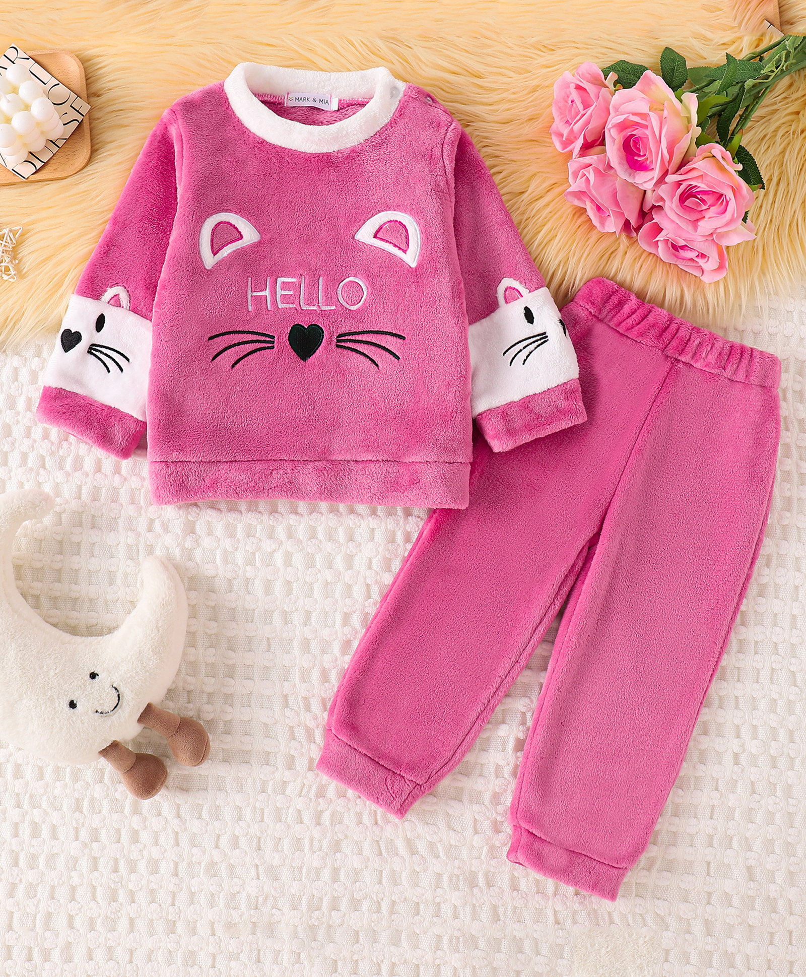 Mark & Mia Full Sleeves Winter Wear Night Suit With Cat Face Embroidery - Pink-image-30