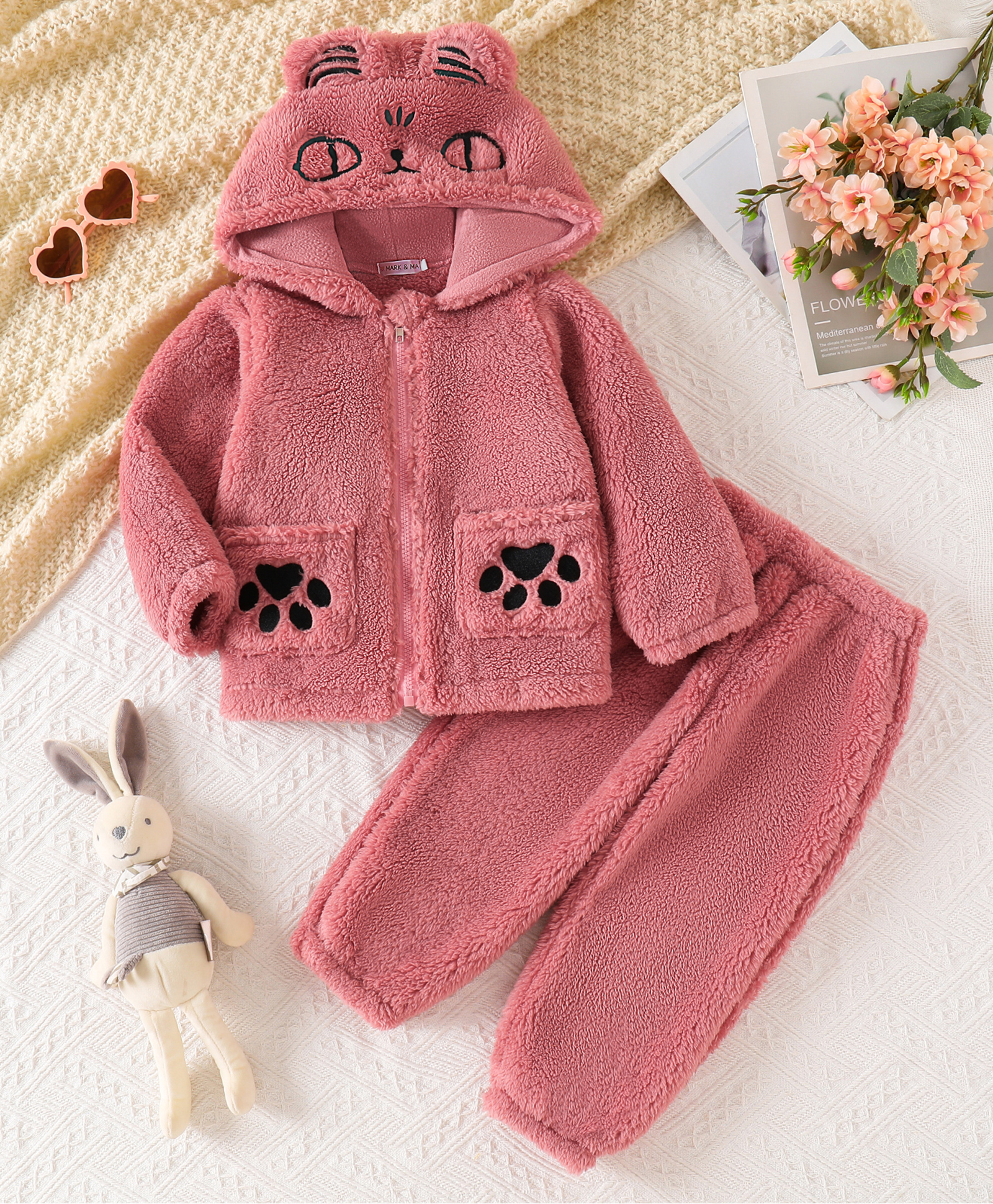 Mark & Mia Full Sleeves Hooded Winter Wear Night Suit With Tiger Face Embroidery - Light Red-image-36