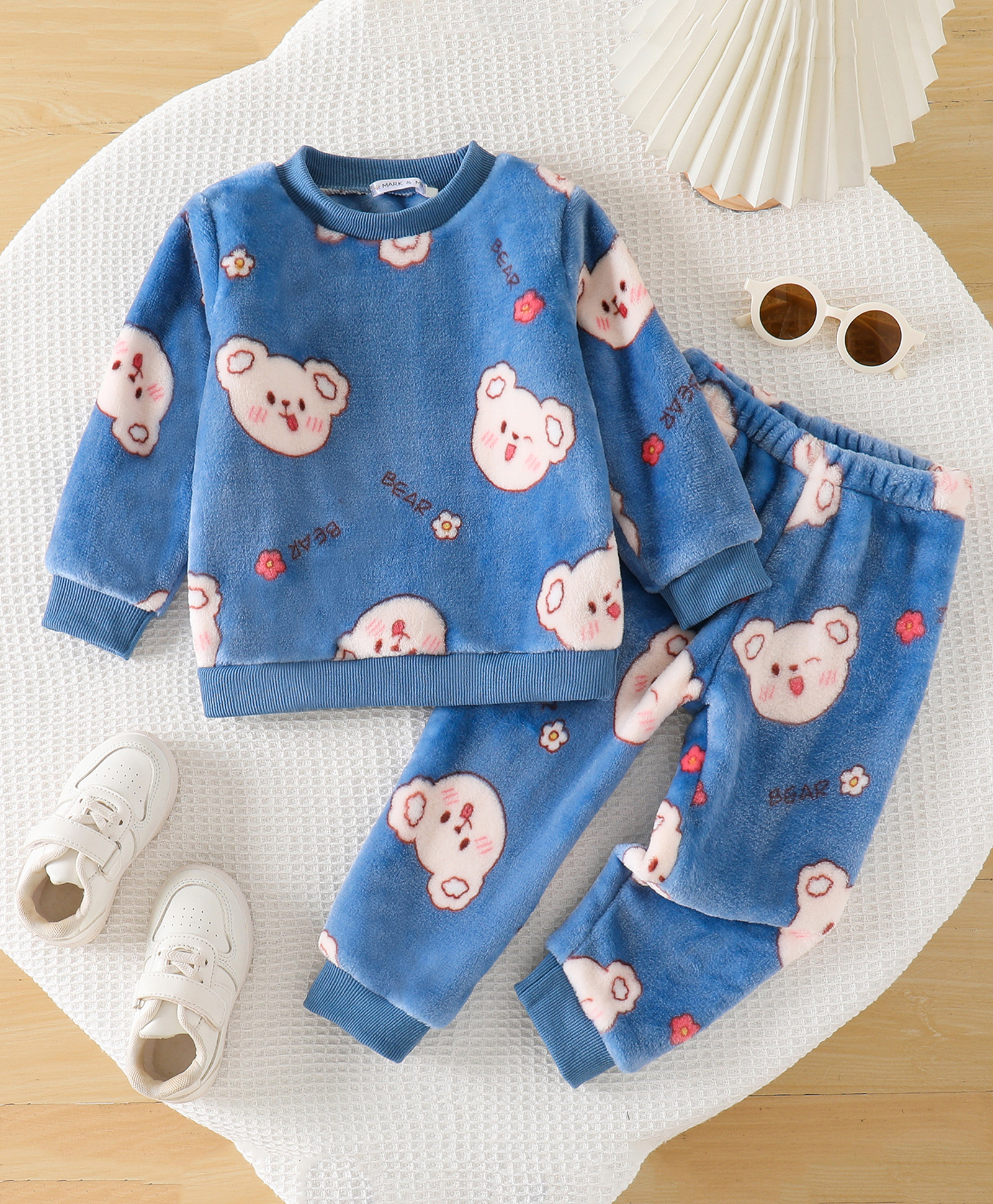 Mark & Mia Full Sleeves Bear & Floral Printed Co-Ords T-Shirt & Pyjama Winter Wear Night Suit - Blue-image-5