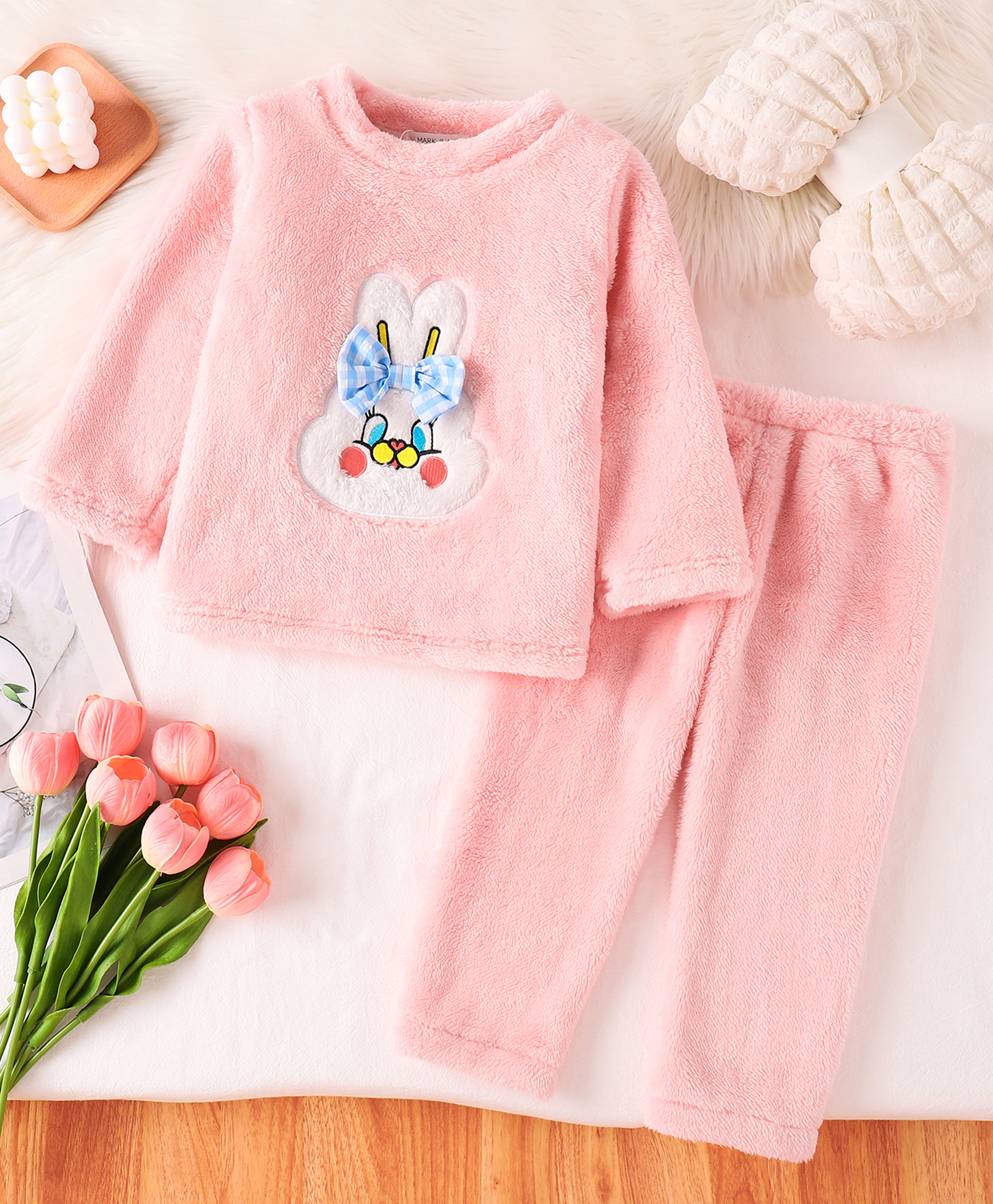 Mark & Mia Full Sleeves Bunny Embroidered & Bow Applique T-Shirt & Pyjama Winter Wear Night Suit - Pink-image-3