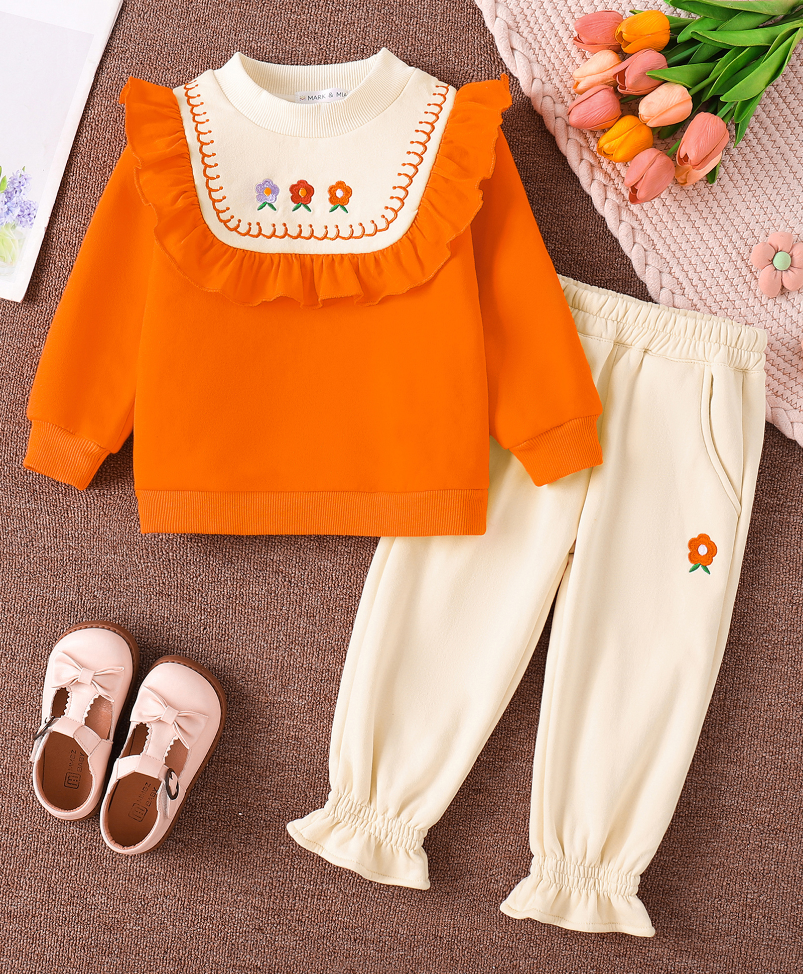 Mark & Mia Full Sleeve Winter Wear Tee & Pants Set with Floral Embroidery & Frill Detailing - Orange-picture-11