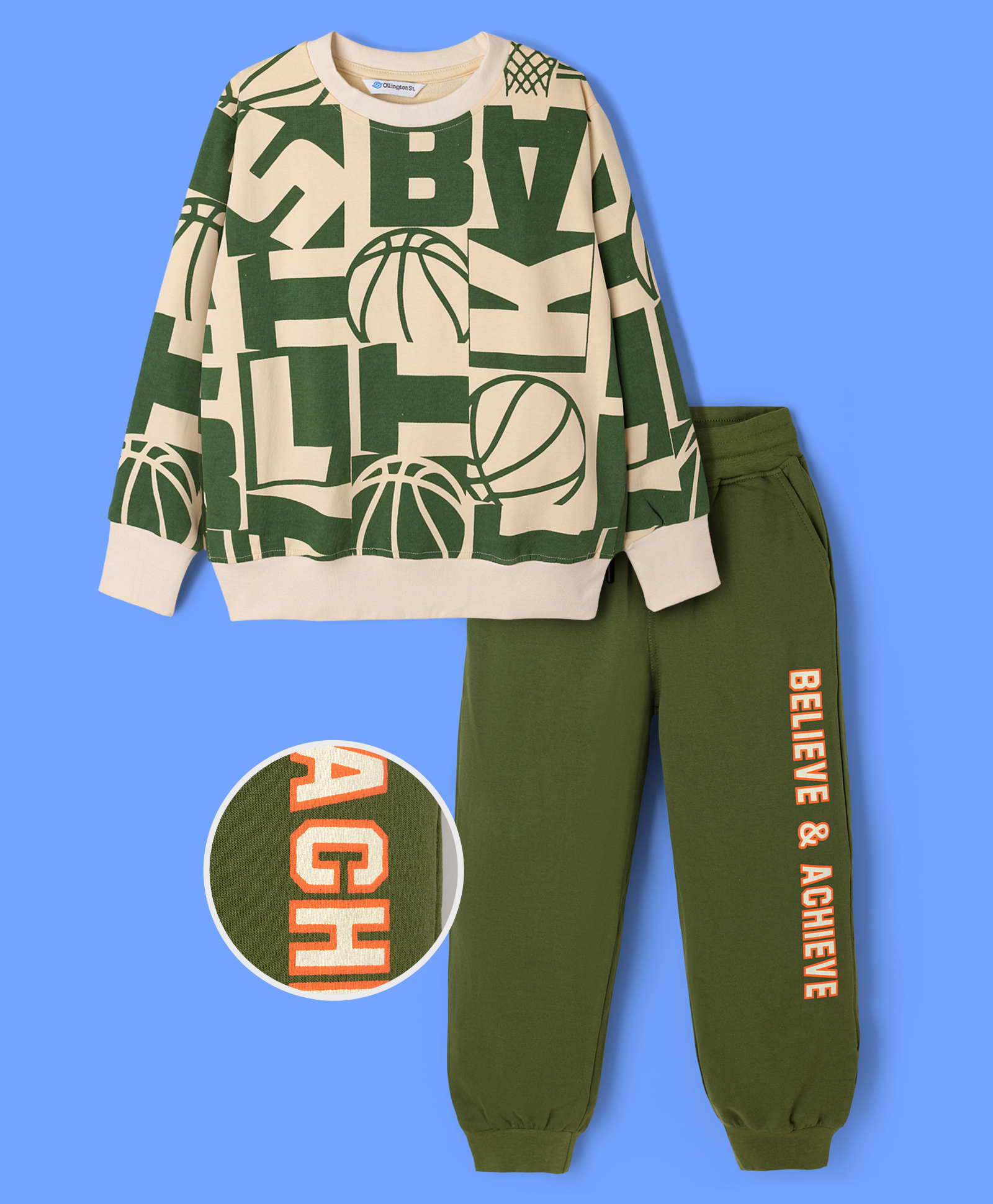 OLLINGTON ST. Cotton Looper Knit Full Sleeves Winter Wear Suit With Text Print - Green-picture-26