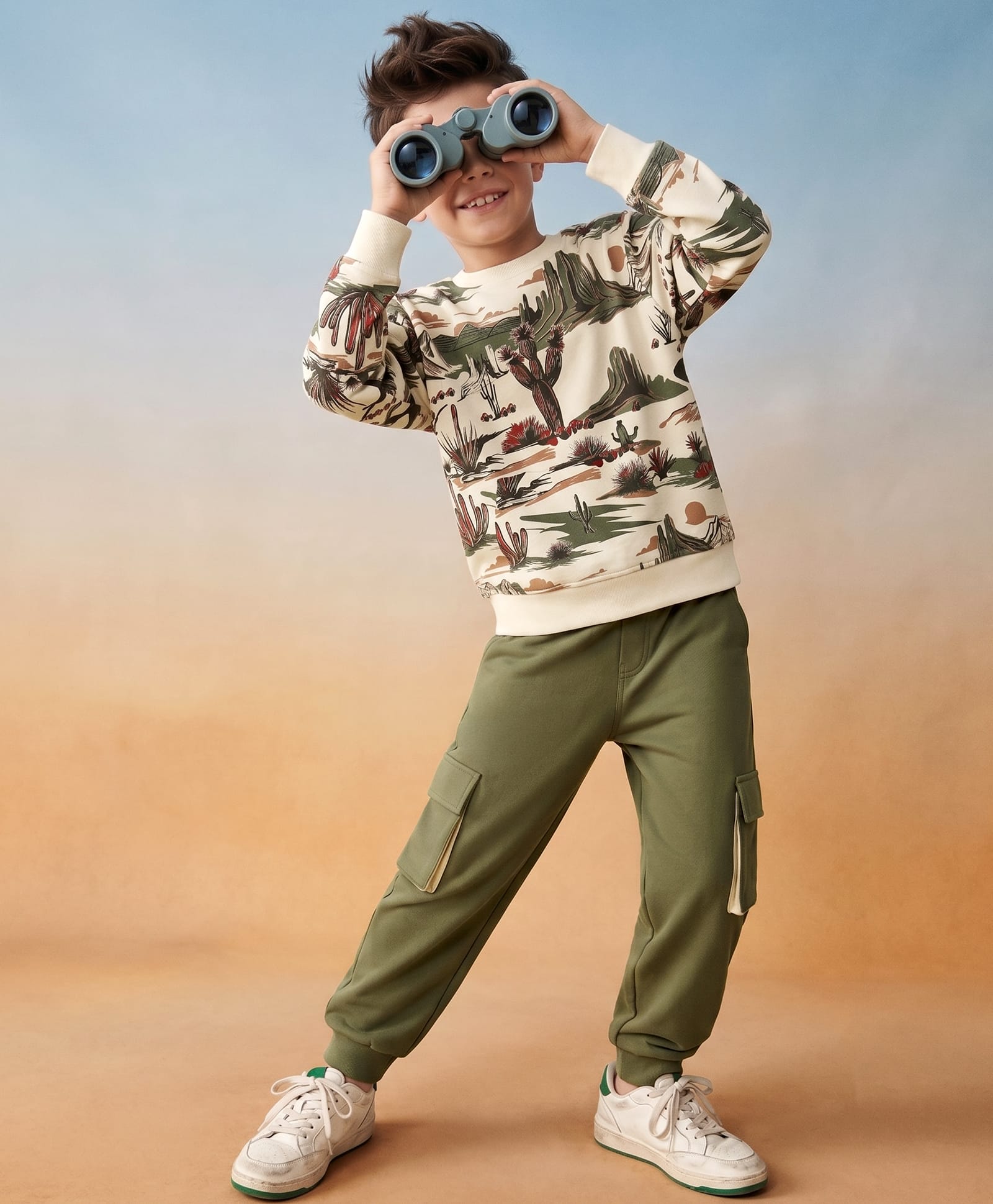 OLLINGTON ST. Looper Knit Full Sleeve Winter Wear Sweatshirt & Joggers Set with Cactus Print - Olive Green-image-32