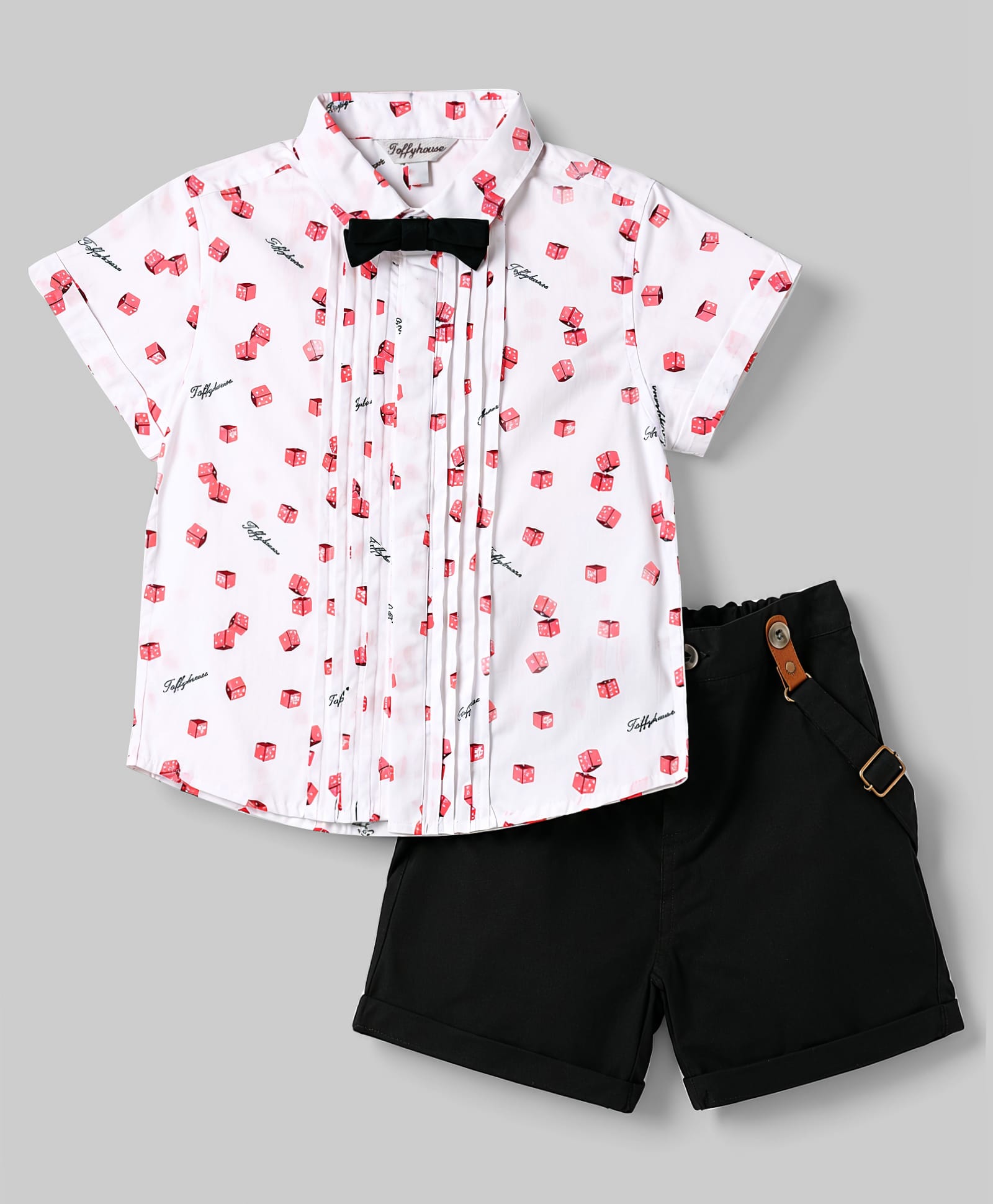 ToffyHouse Poplin Woven Half Sleeves Dice Printed Shirt & Shorts Set With Suspender & Bow - Black-picture-15