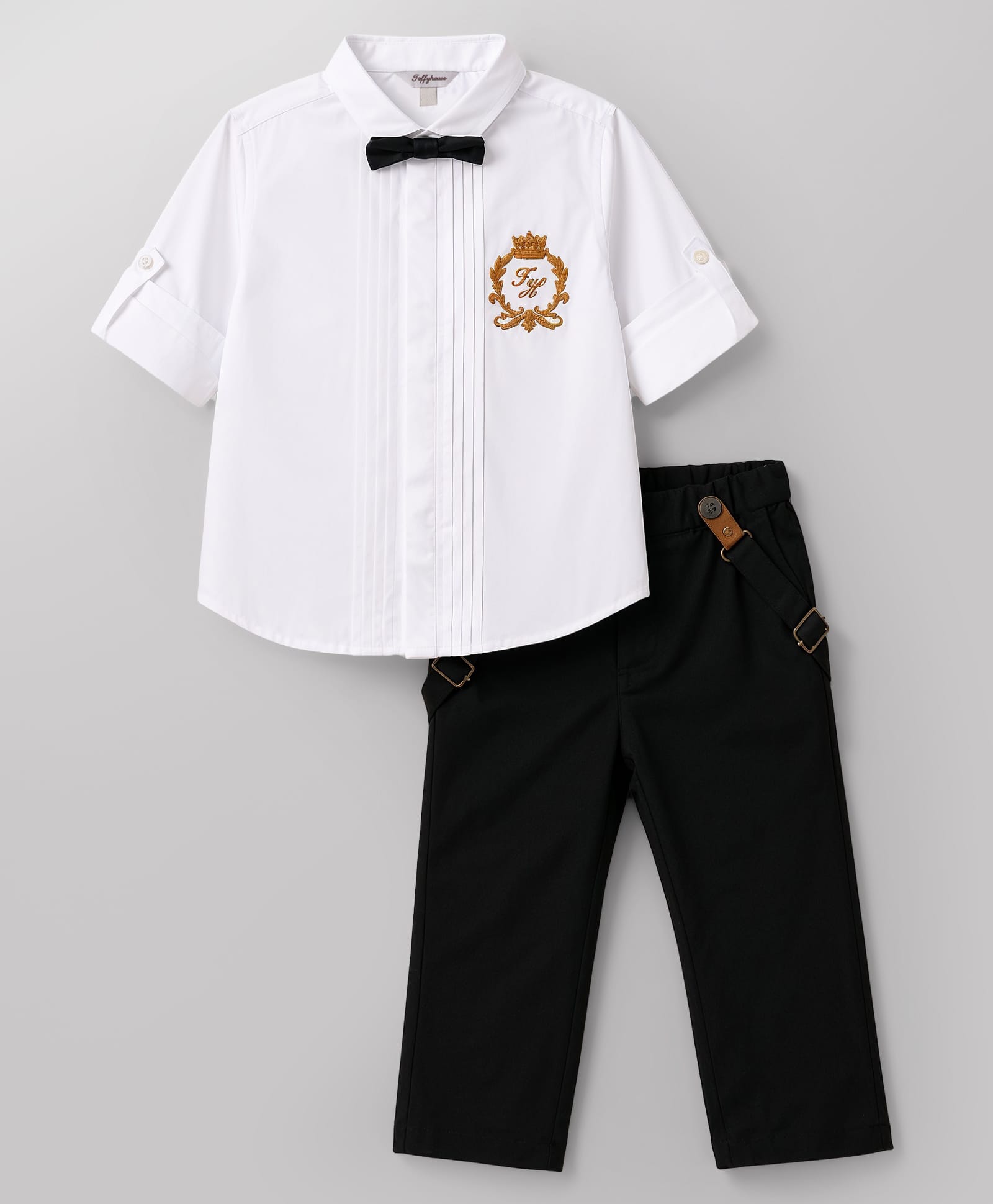ToffyHouse Poplin Woven Full Sleeves Embroidered Shirt & Pant Set With Suspender & Bow - Black-picture-22