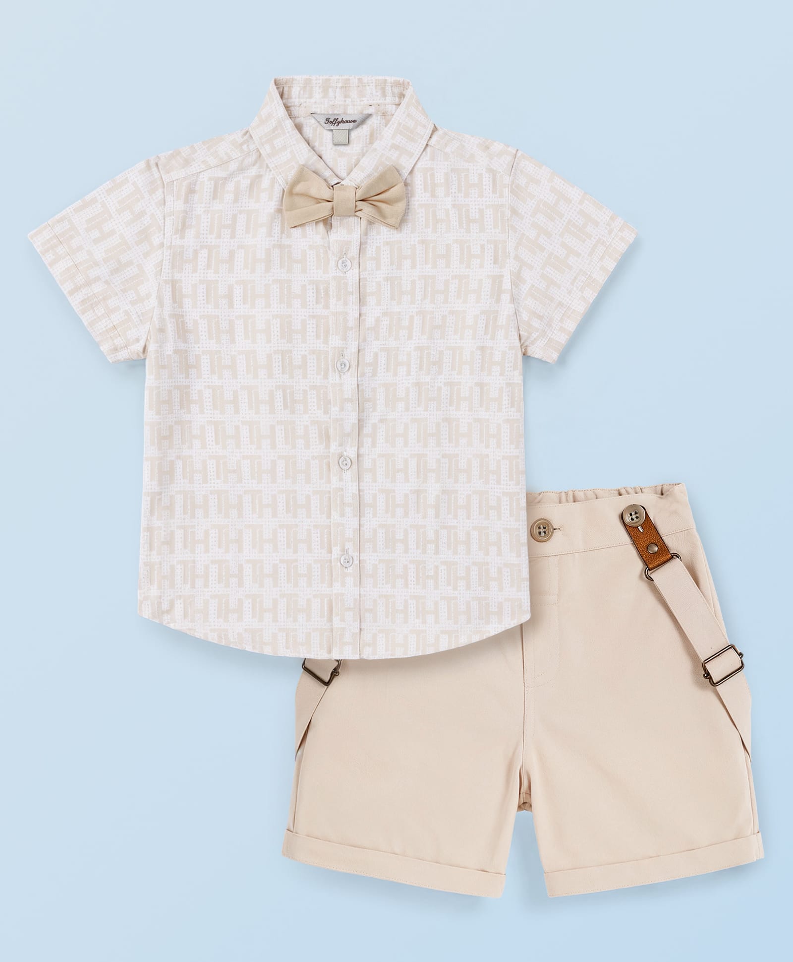 ToffyHouse Poplin Woven Half Sleeves Text Printed Shirt & Shorts Set With Bow & Suspeder - Tan-image-8