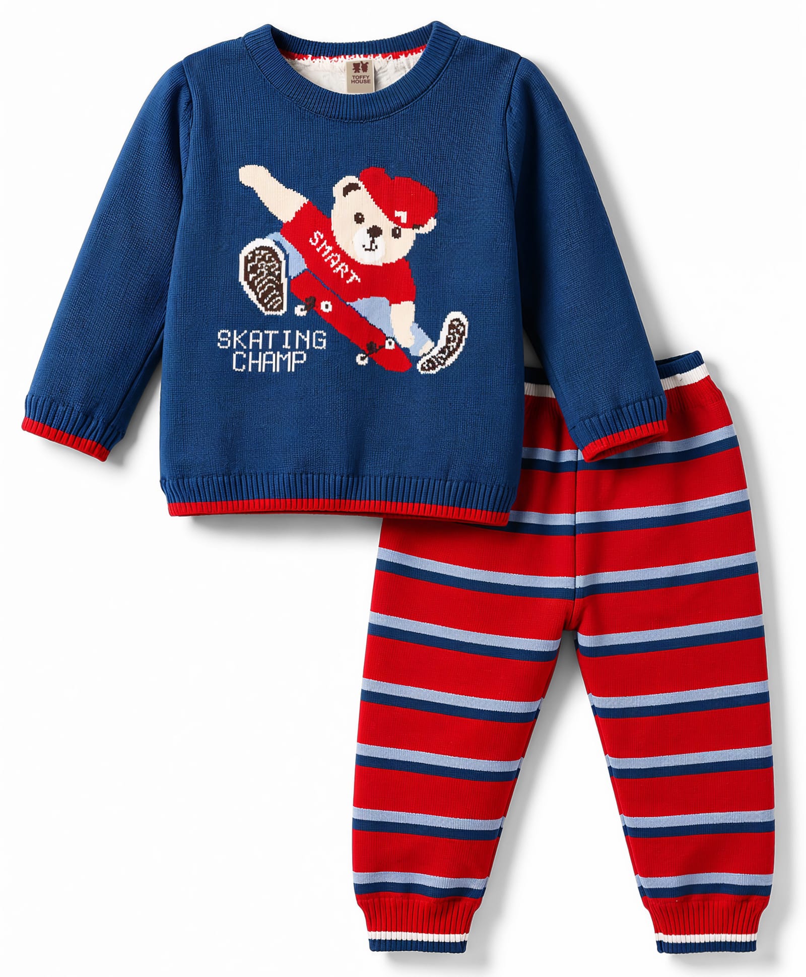 ToffyHouse Knitted Full Sleeves Sweater Set With Stripes & Bear Design - Navy Blue & Red-image-36