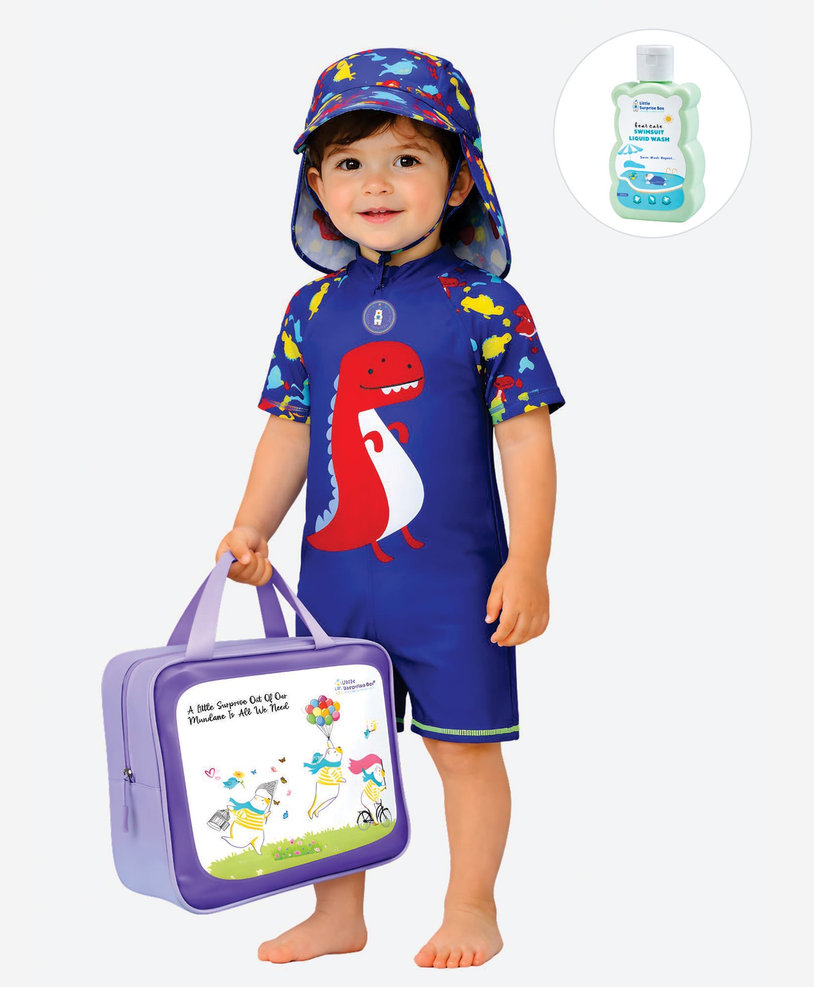 Little Surprise Box Spandex Half Raglan Sleeves Dinosaur Printed Swimsuit & Cap Set With Bag & Detergent - Blue-picture-17